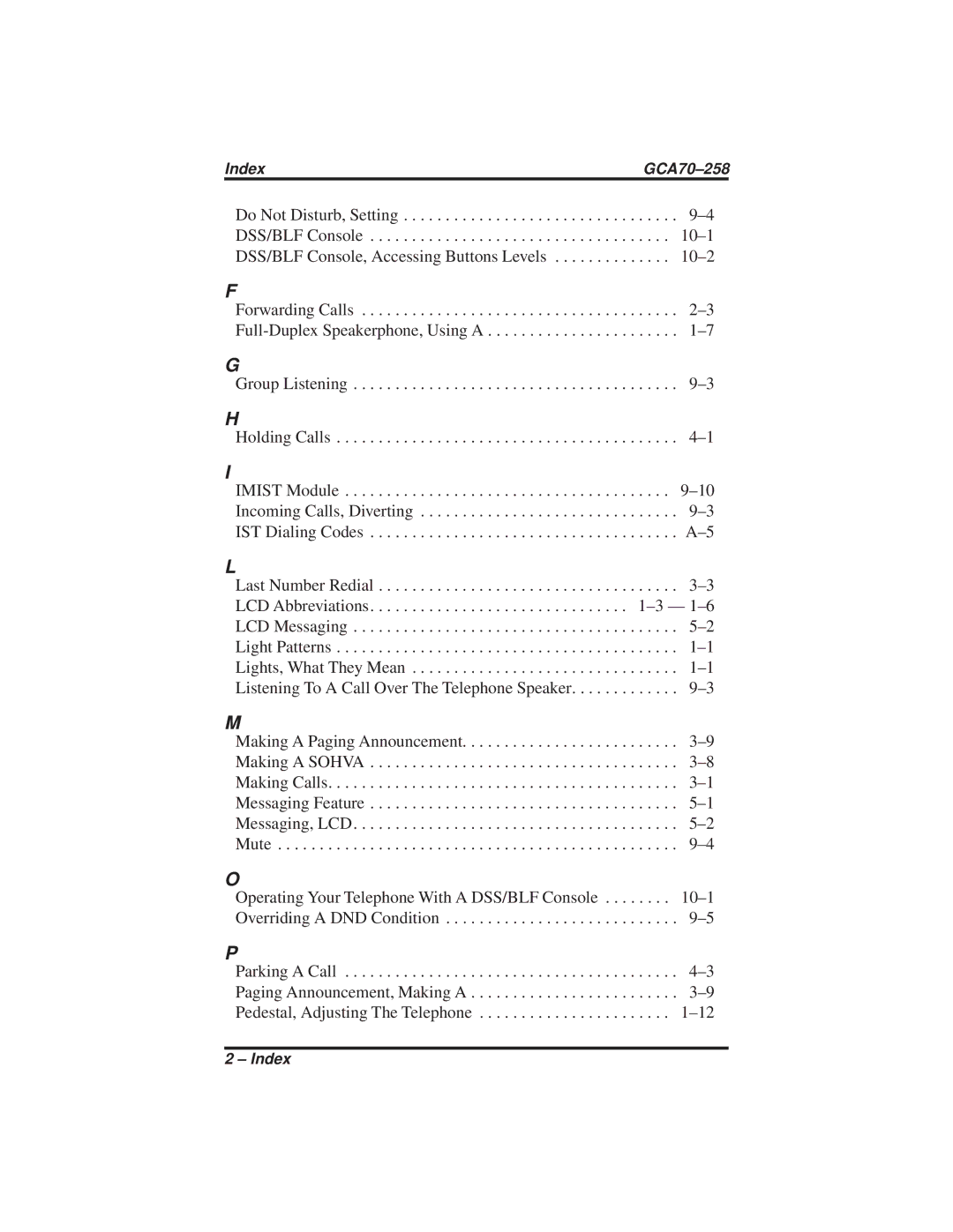 Vertical Communications FX Series, DXP Series, DXP Plus Series manual Index GCA70-258 