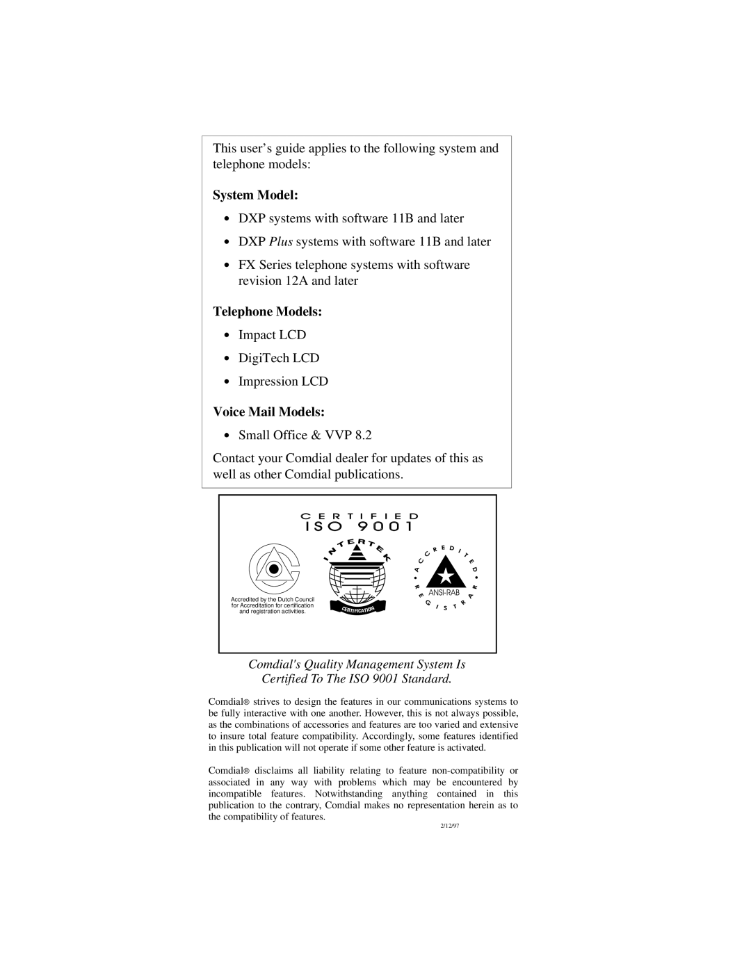 Vertical Communications DXP manual Telephone Models 