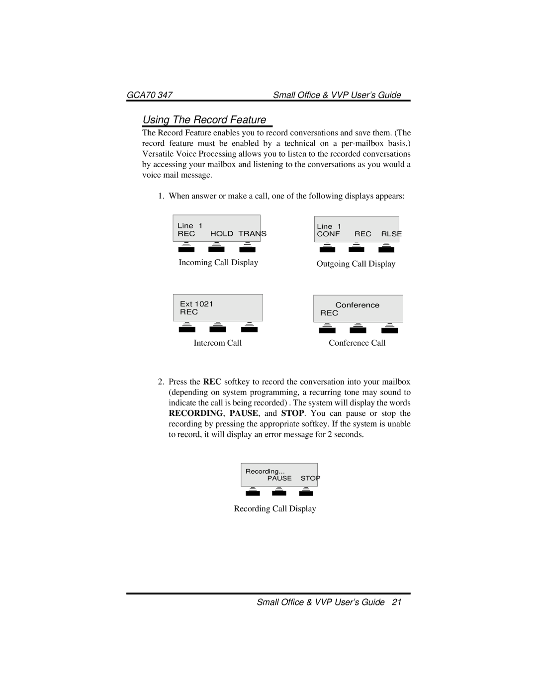 Vertical Communications DXP manual Using The Record Feature 