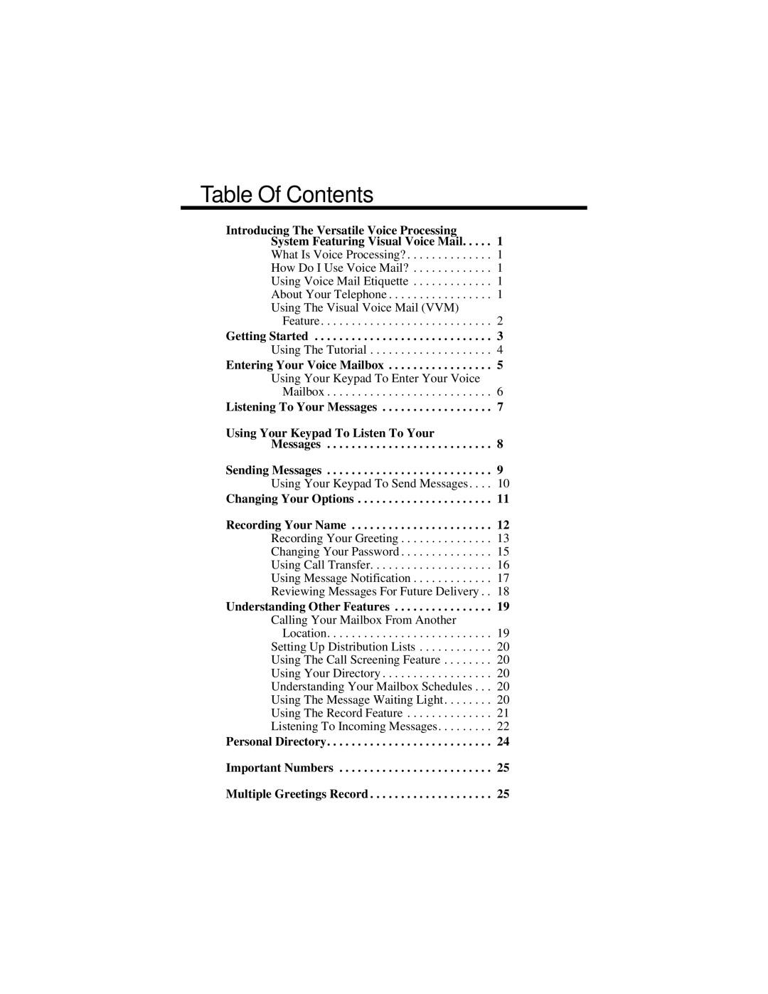 Vertical Communications DXP manual Table Of Contents 