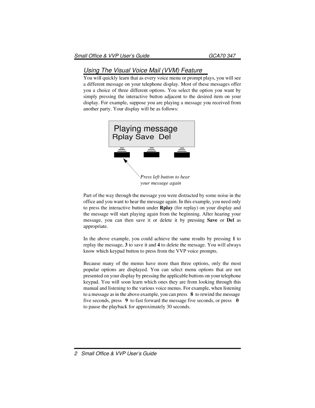 Vertical Communications DXP manual Playing message, Using The Visual Voice Mail VVM Feature 