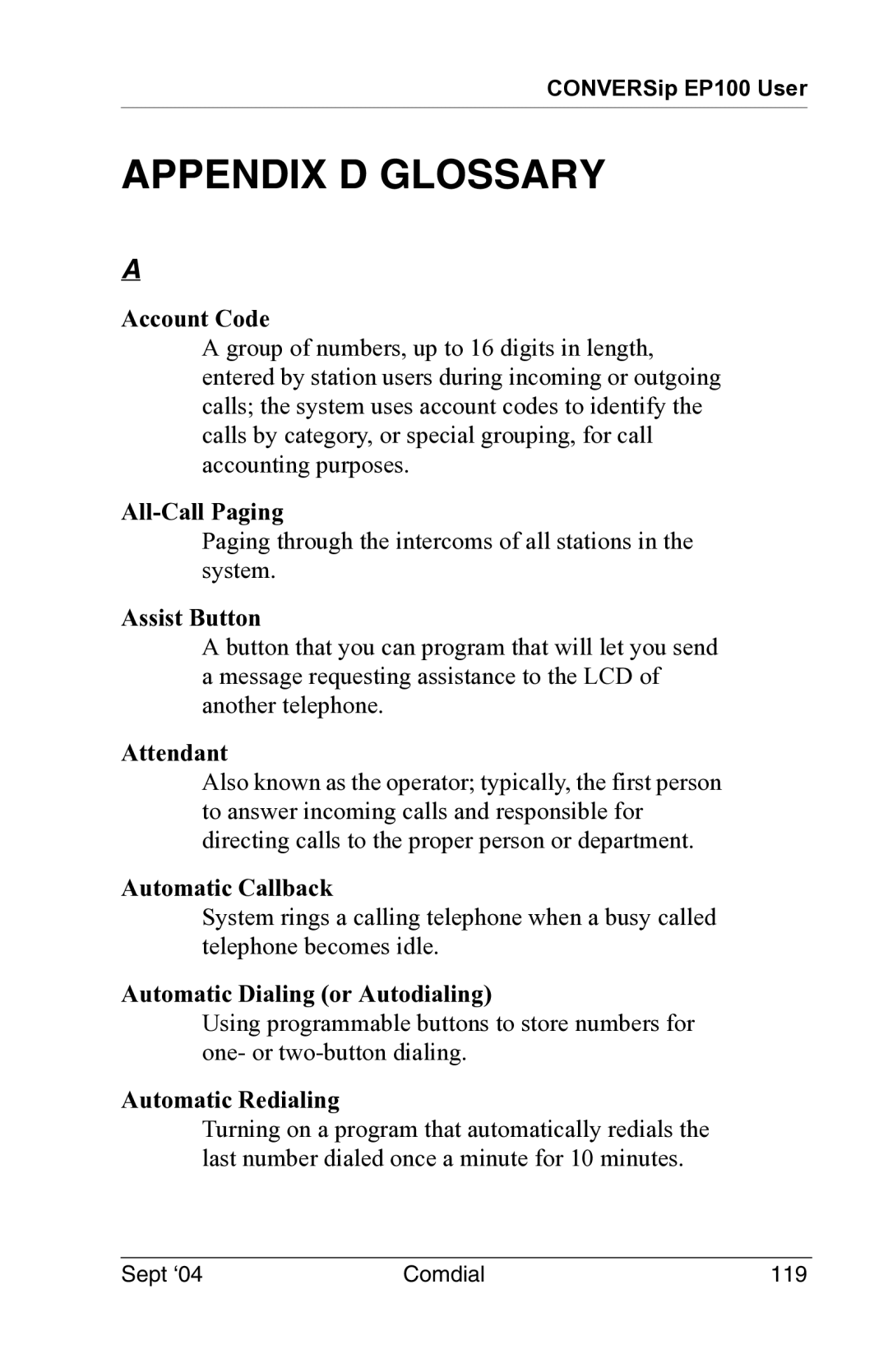 Vertical Communications EP100 manual Appendix D Glossary 