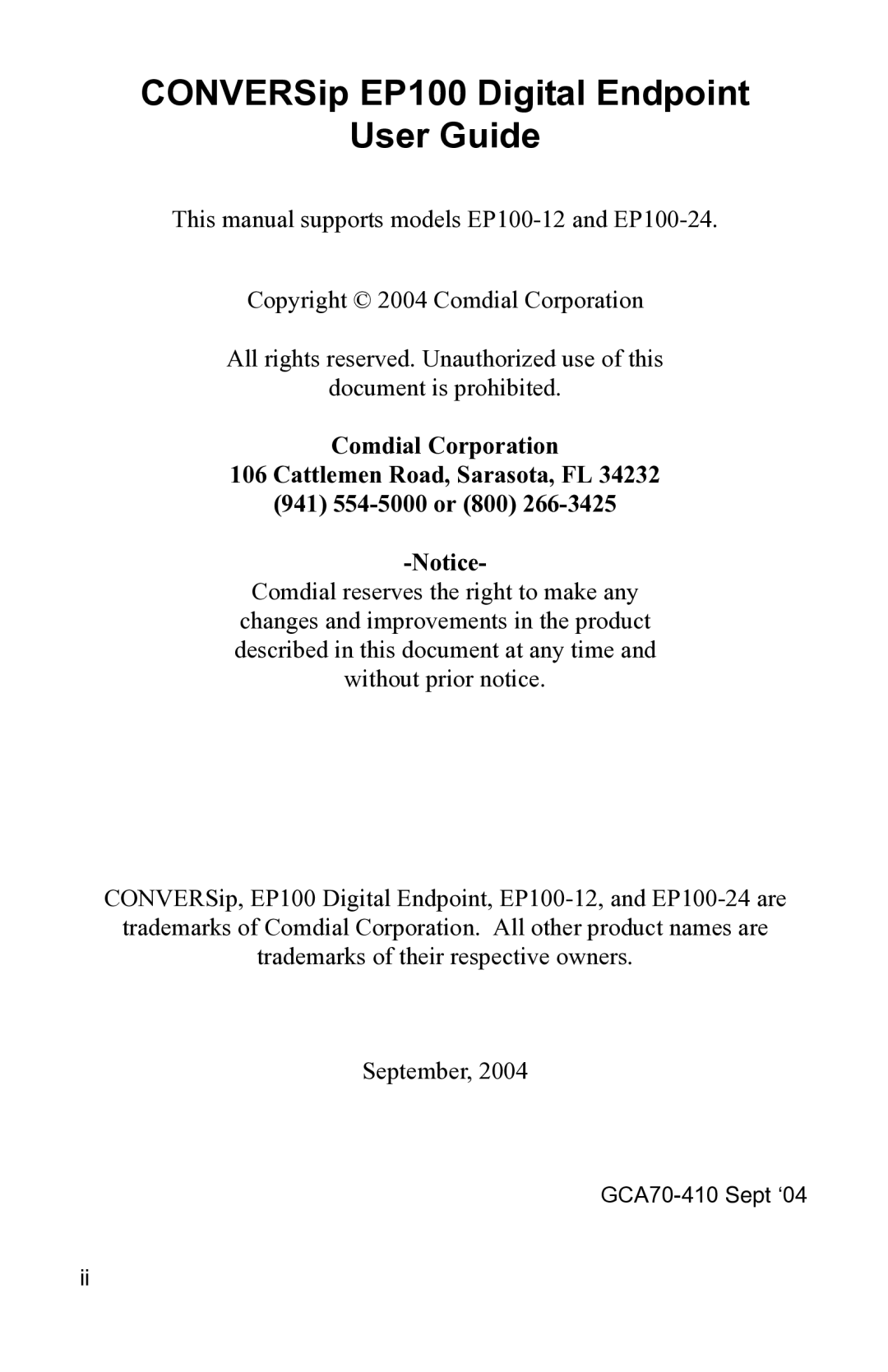 Vertical Communications manual CONVERSip EP100 Digital Endpoint User Guide 