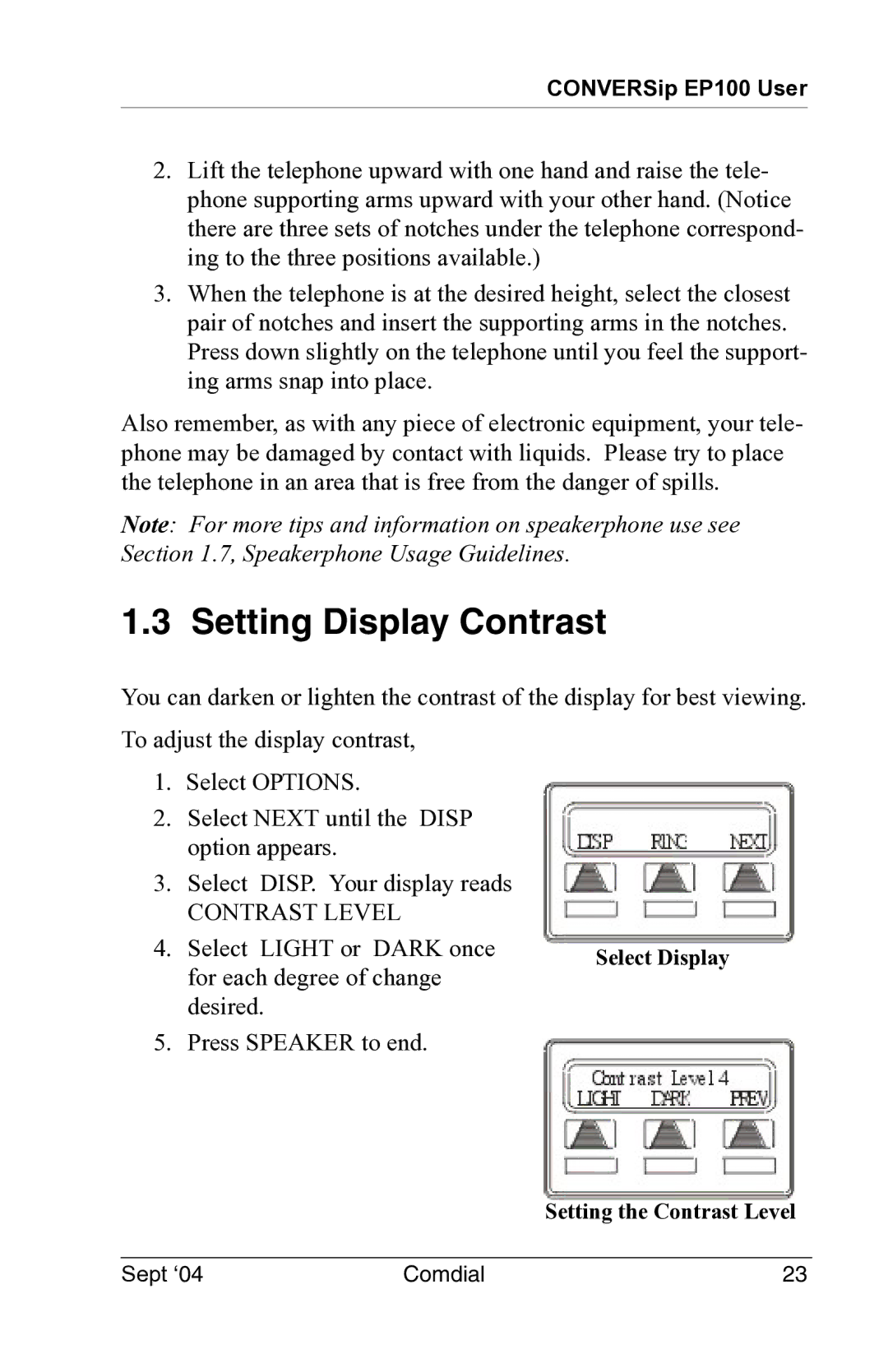 Vertical Communications EP100 manual Setting Display Contrast, Contrast Level 