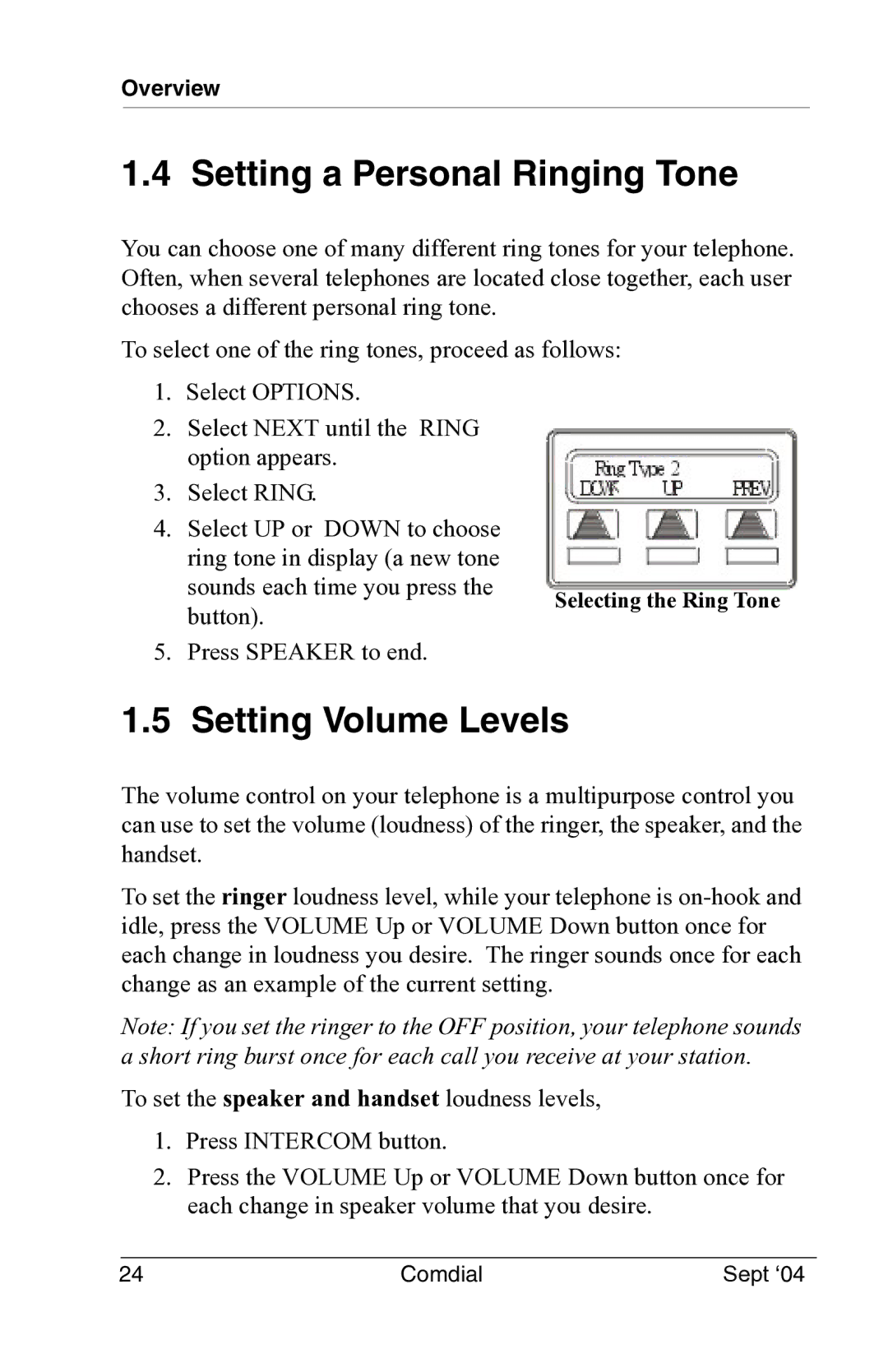 Vertical Communications EP100 manual Setting a Personal Ringing Tone, Setting Volume Levels 