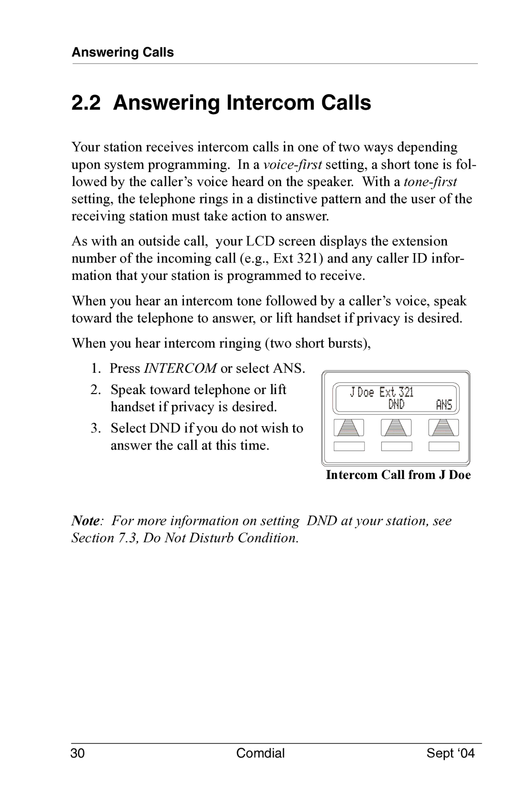 Vertical Communications EP100 manual Answering Intercom Calls 