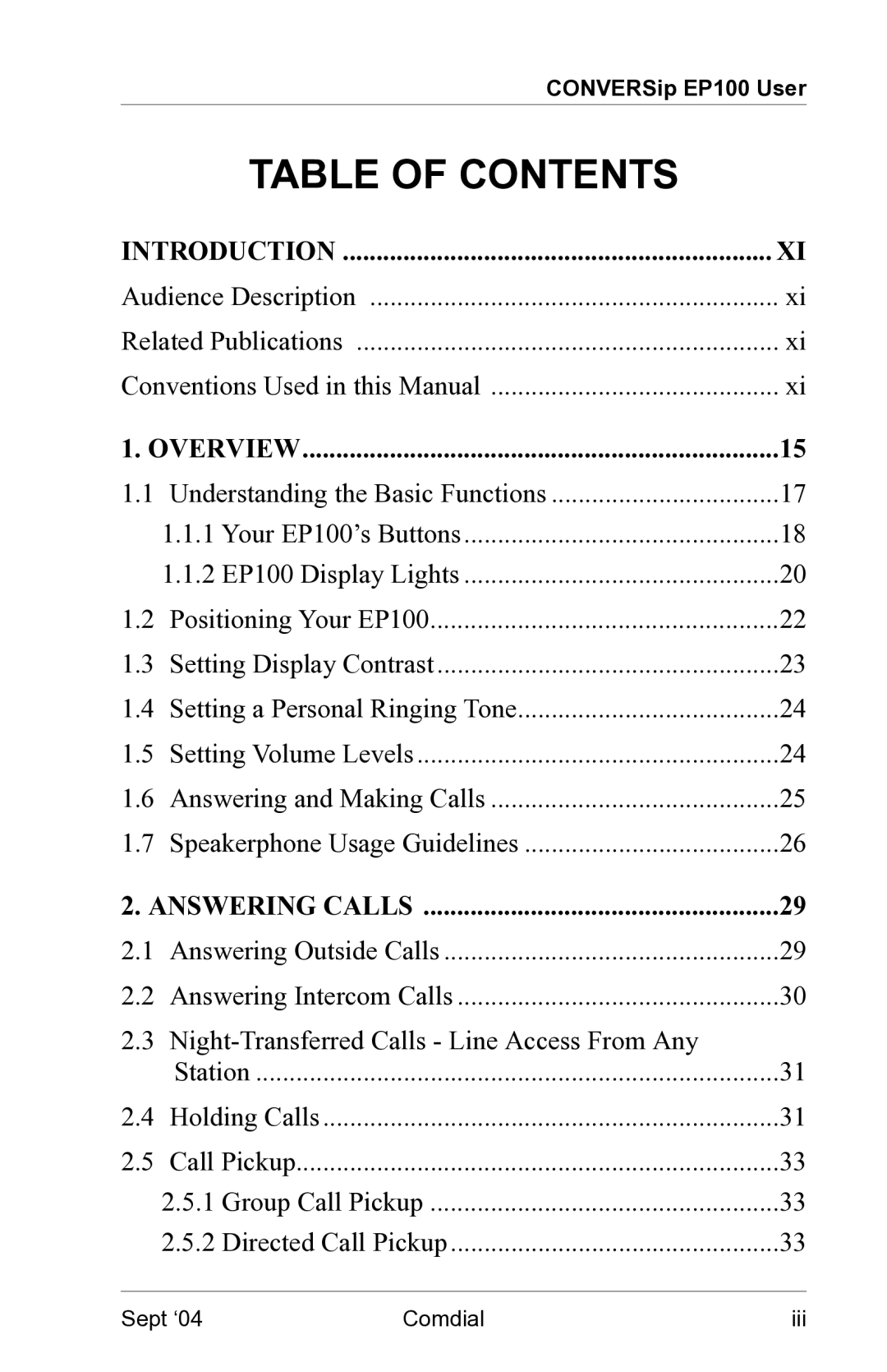 Vertical Communications EP100 manual Table of Contents 