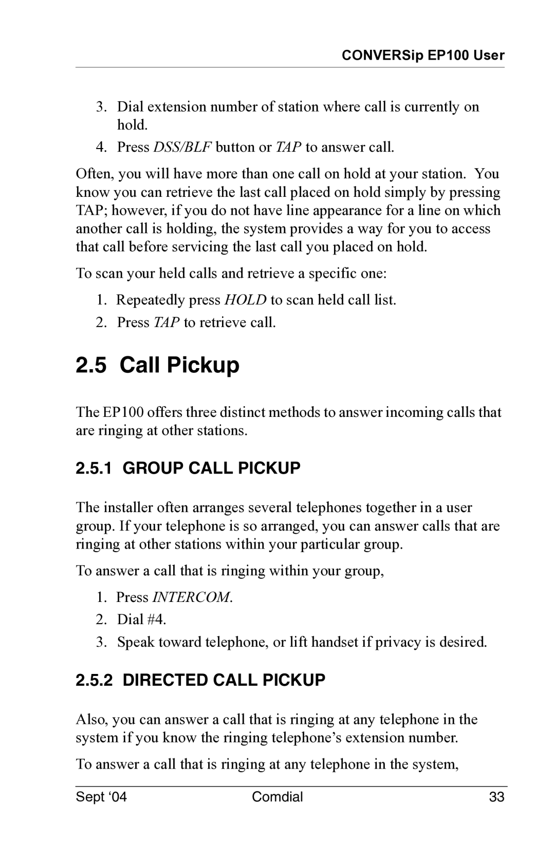 Vertical Communications EP100 manual Group Call Pickup, Directed Call Pickup 