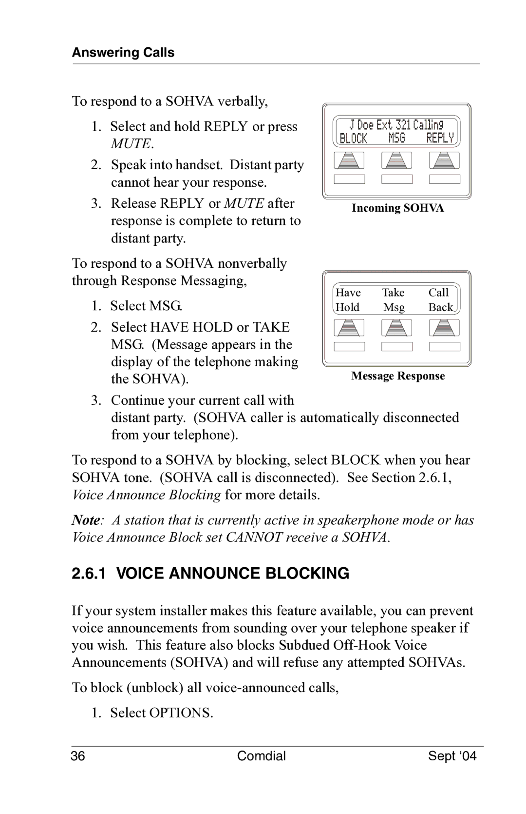 Vertical Communications EP100 manual Voice Announce Blocking 