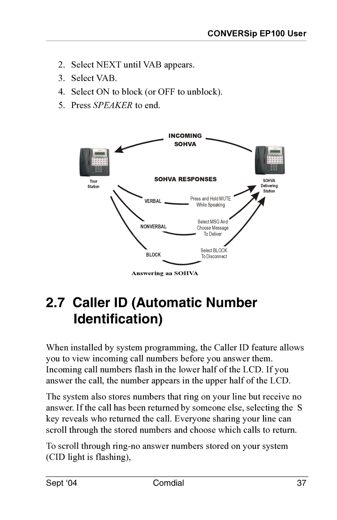 Vertical Communications EP100 manual Caller ID Automatic Number Identification, Sohva Responses 