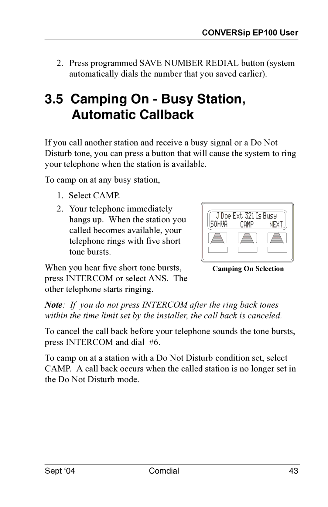 Vertical Communications EP100 manual Camping On Busy Station, Automatic Callback 