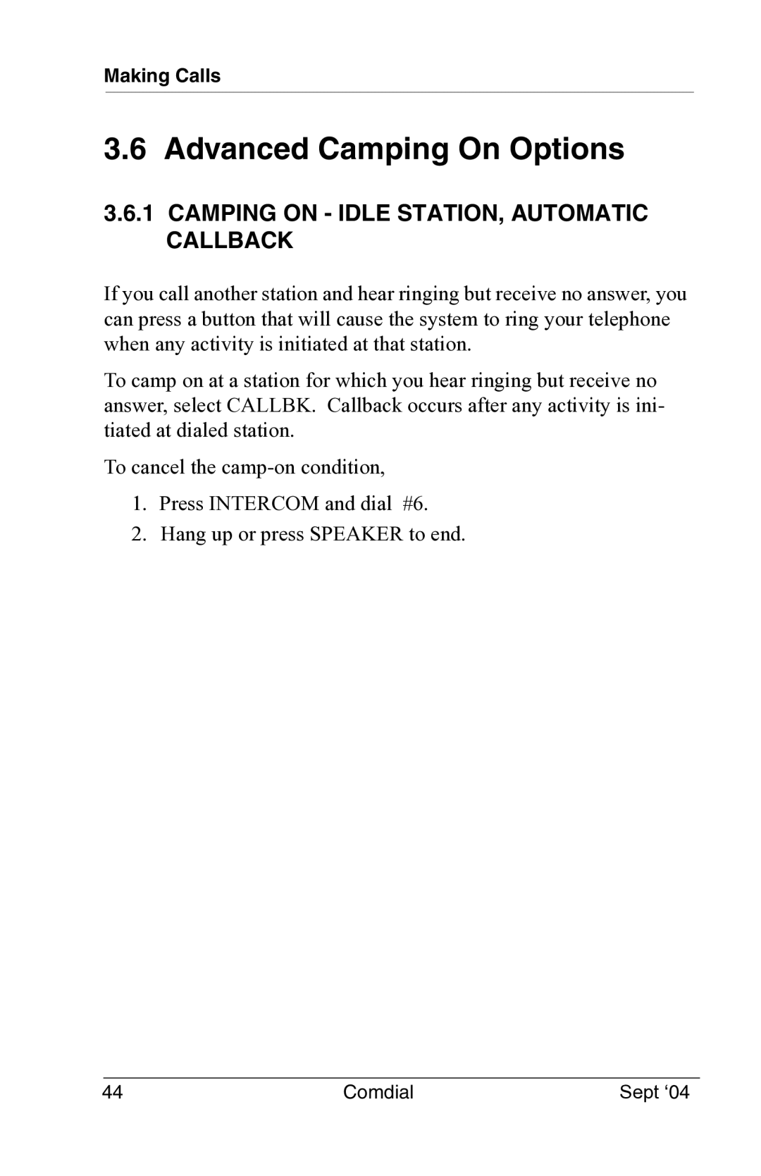 Vertical Communications EP100 manual Advanced Camping On Options, Camping on Idle STATION, Automatic Callback 