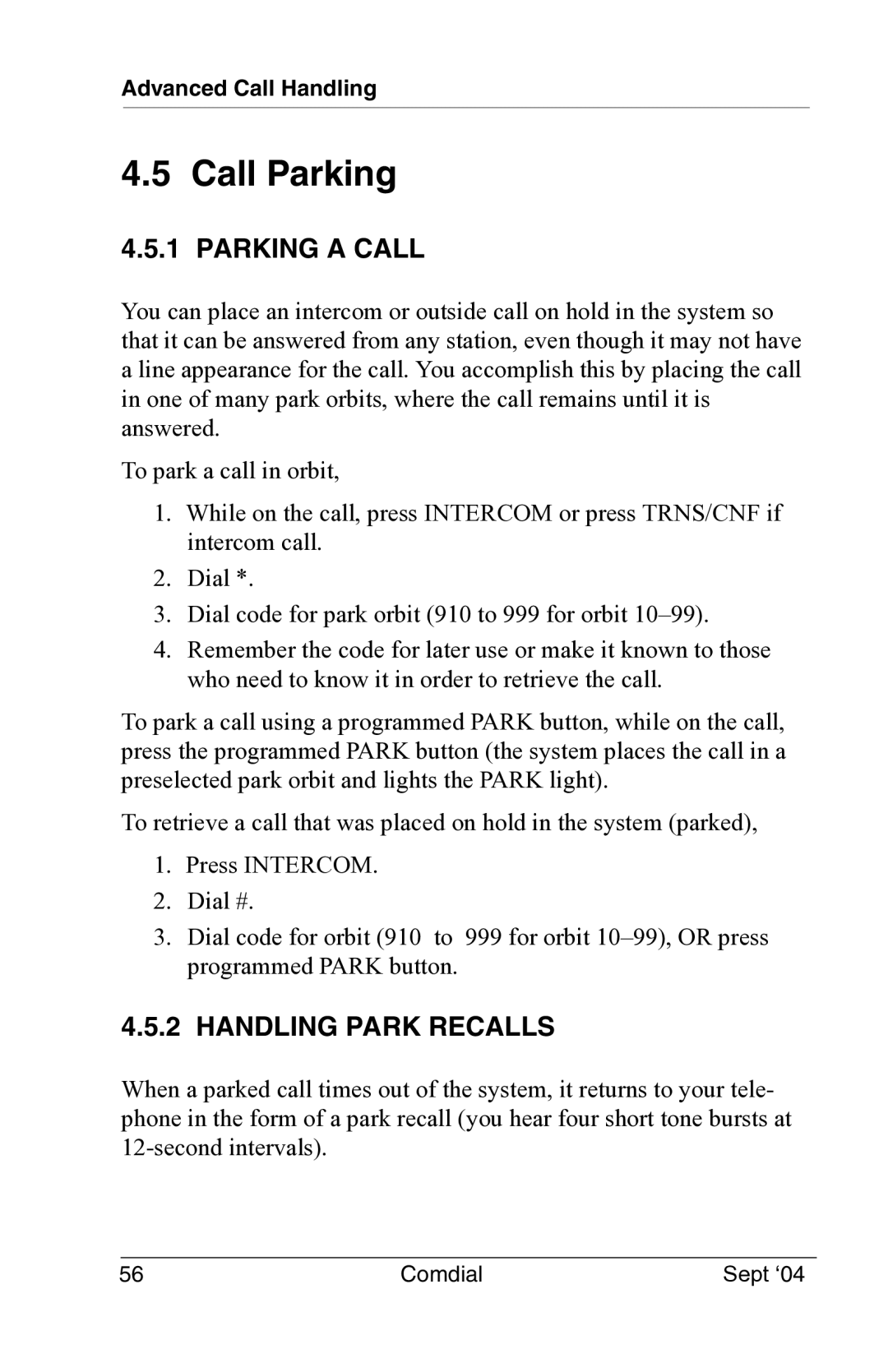 Vertical Communications EP100 manual Call Parking, Parking a Call, Handling Park Recalls 