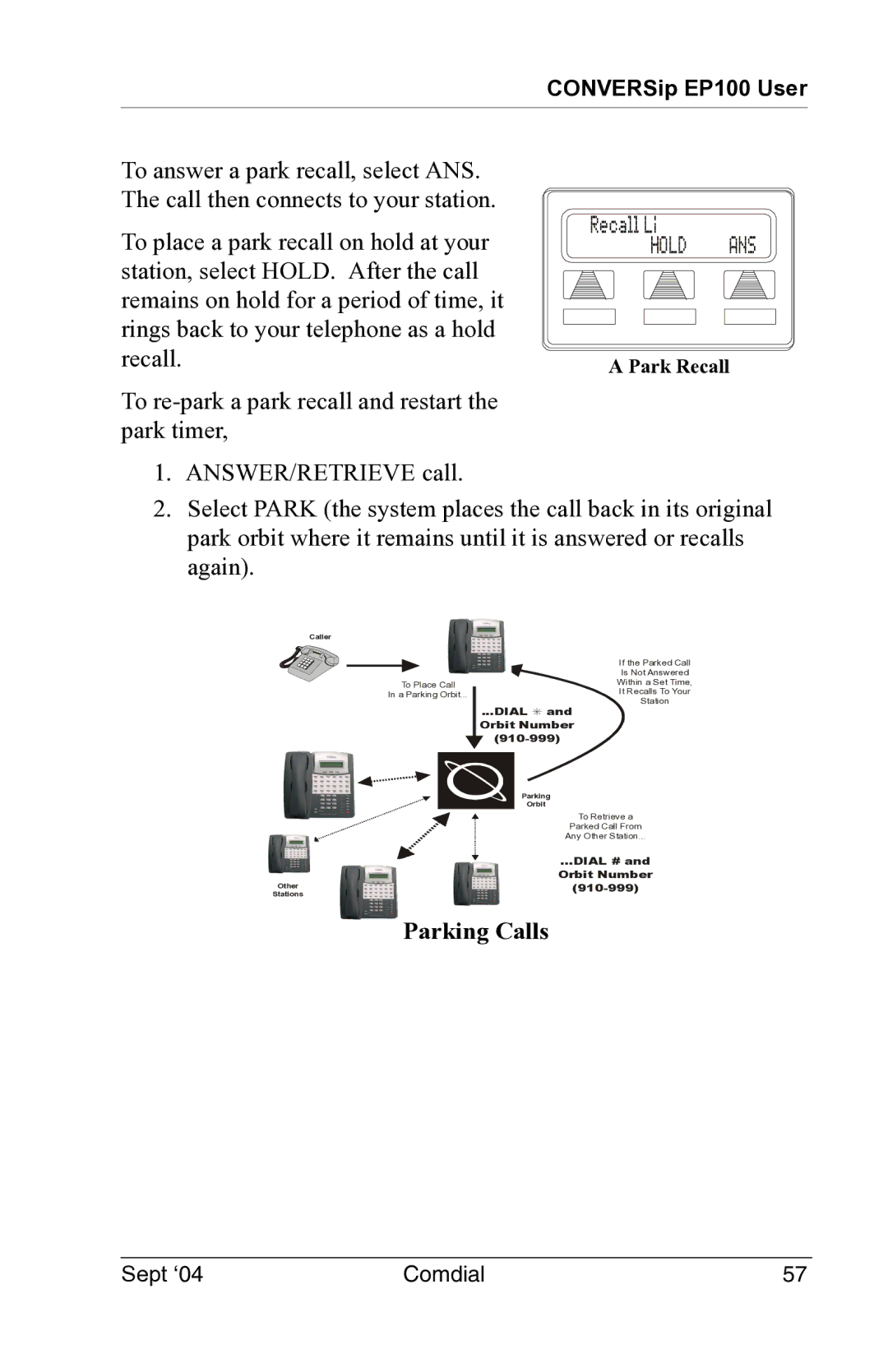 Vertical Communications EP100 manual Parking Calls, Dial Orbit Number 910-999 