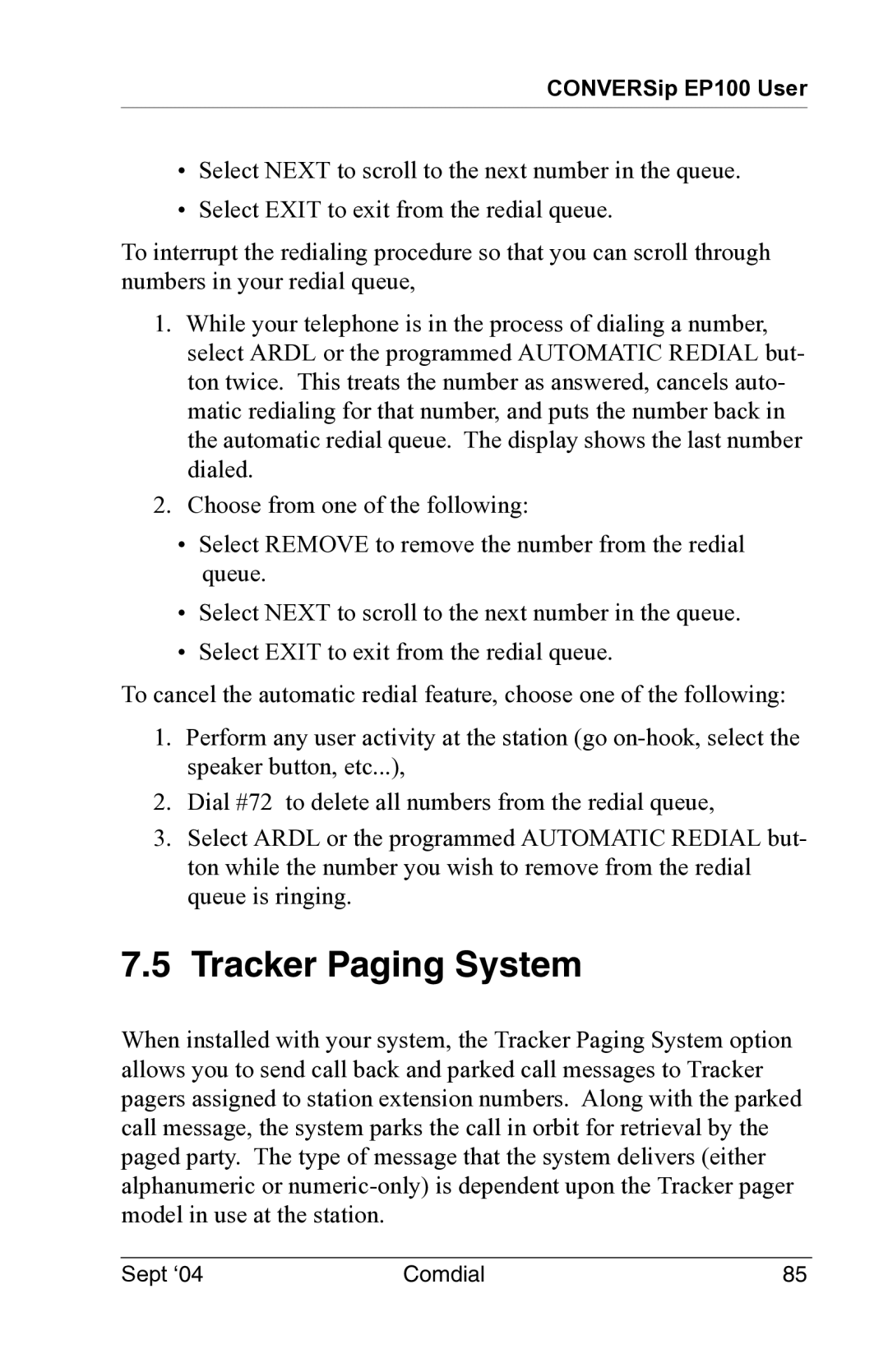 Vertical Communications EP100 manual Tracker Paging System 