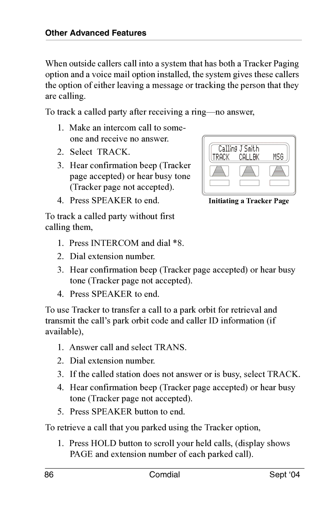 Vertical Communications EP100 manual Track Callbk MSG 