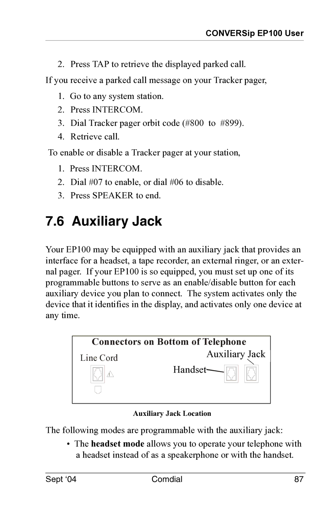 Vertical Communications EP100 manual Auxiliary Jack, Connectors on Bottom of Telephone 