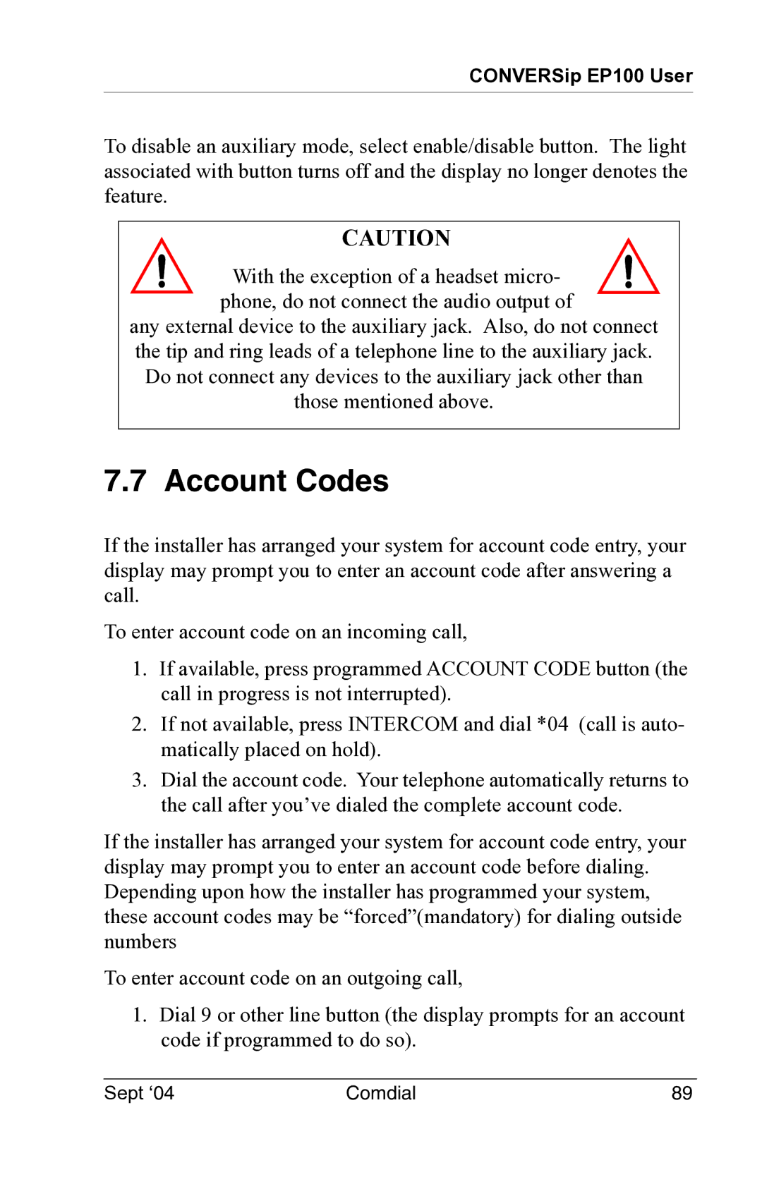 Vertical Communications EP100 manual Account Codes 