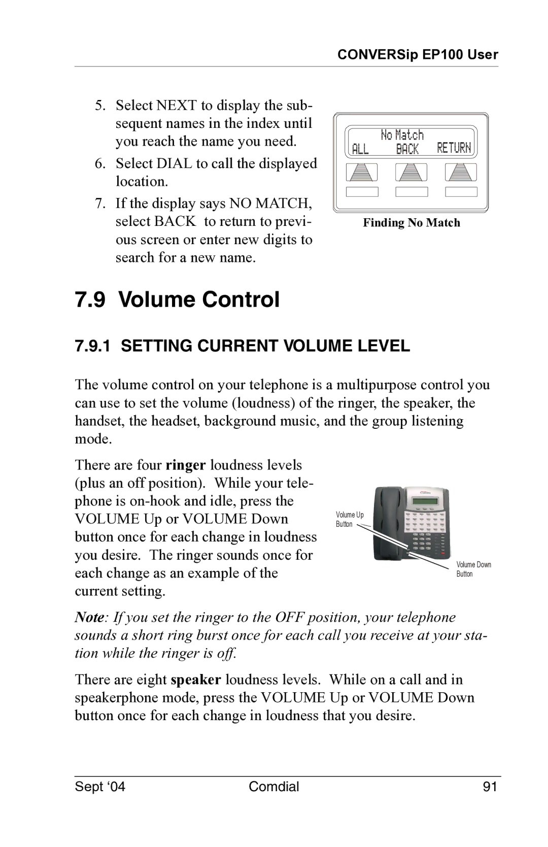 Vertical Communications EP100 manual Volume Control, Setting Current Volume Level 