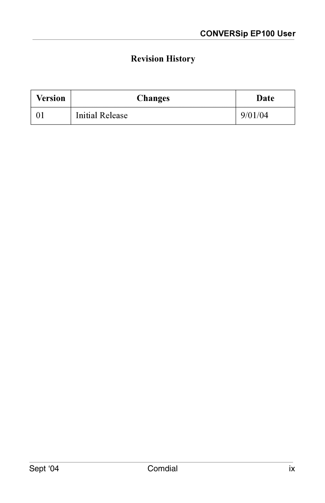 Vertical Communications EP100 manual Revision History Version Changes Date Initial Release 01/04 