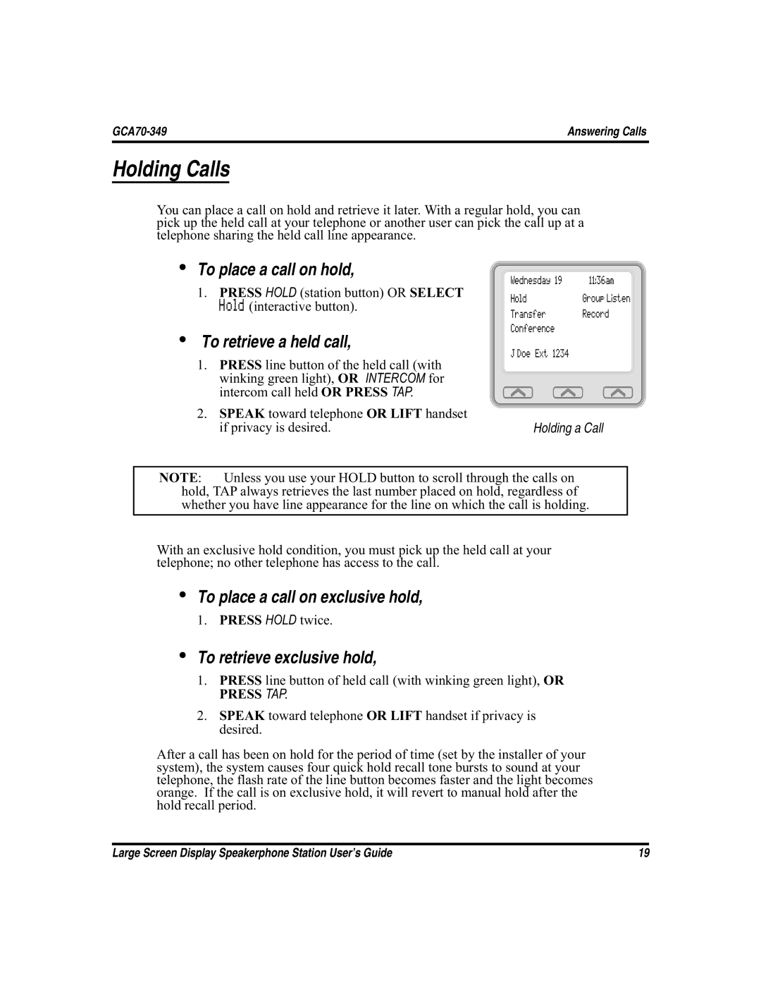 Vertical Communications and FXT, FXS manual Holding Calls, To place a call on hold, To retrieve a held call 