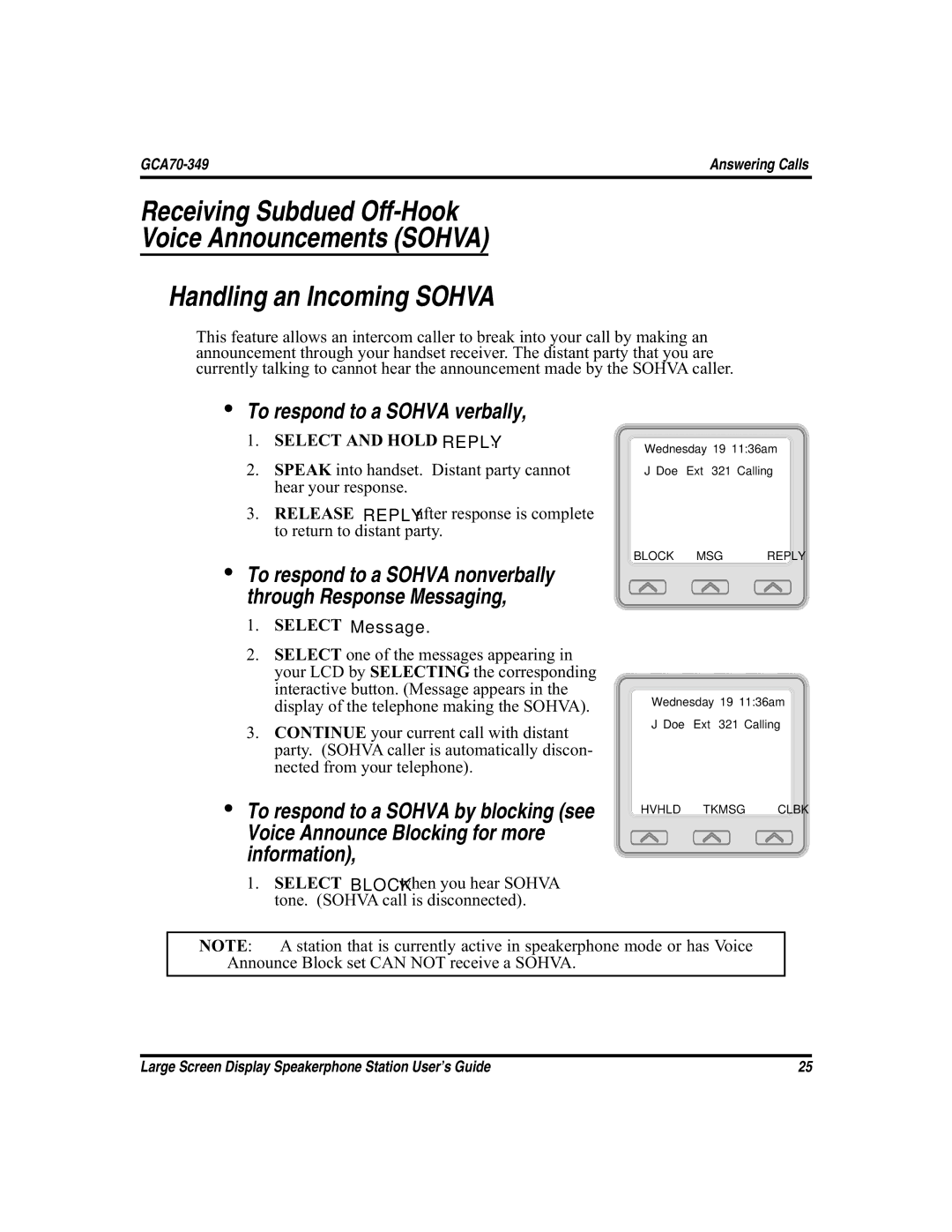 Vertical Communications and FXT, FXS manual To respond to a Sohva verbally, Select and Hold Reply 