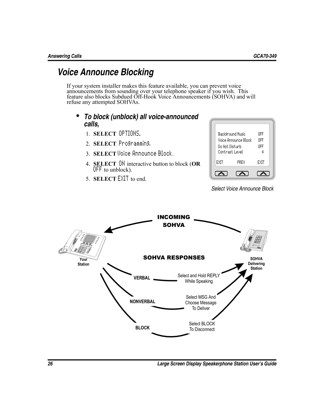 Vertical Communications FXS, and FXT Voice Announce Blocking, To block unblock all voice-announced calls, Select Options 