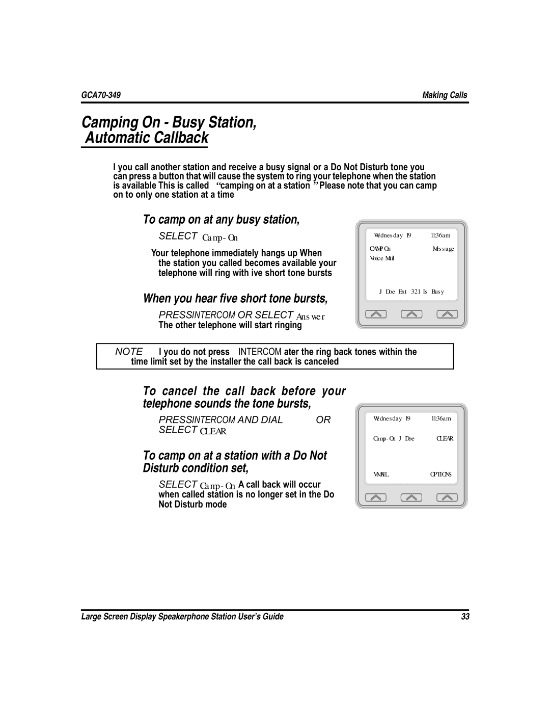 Vertical Communications and FXT, FXS manual Camping On Busy Station Automatic Callback, To camp on at any busy station 