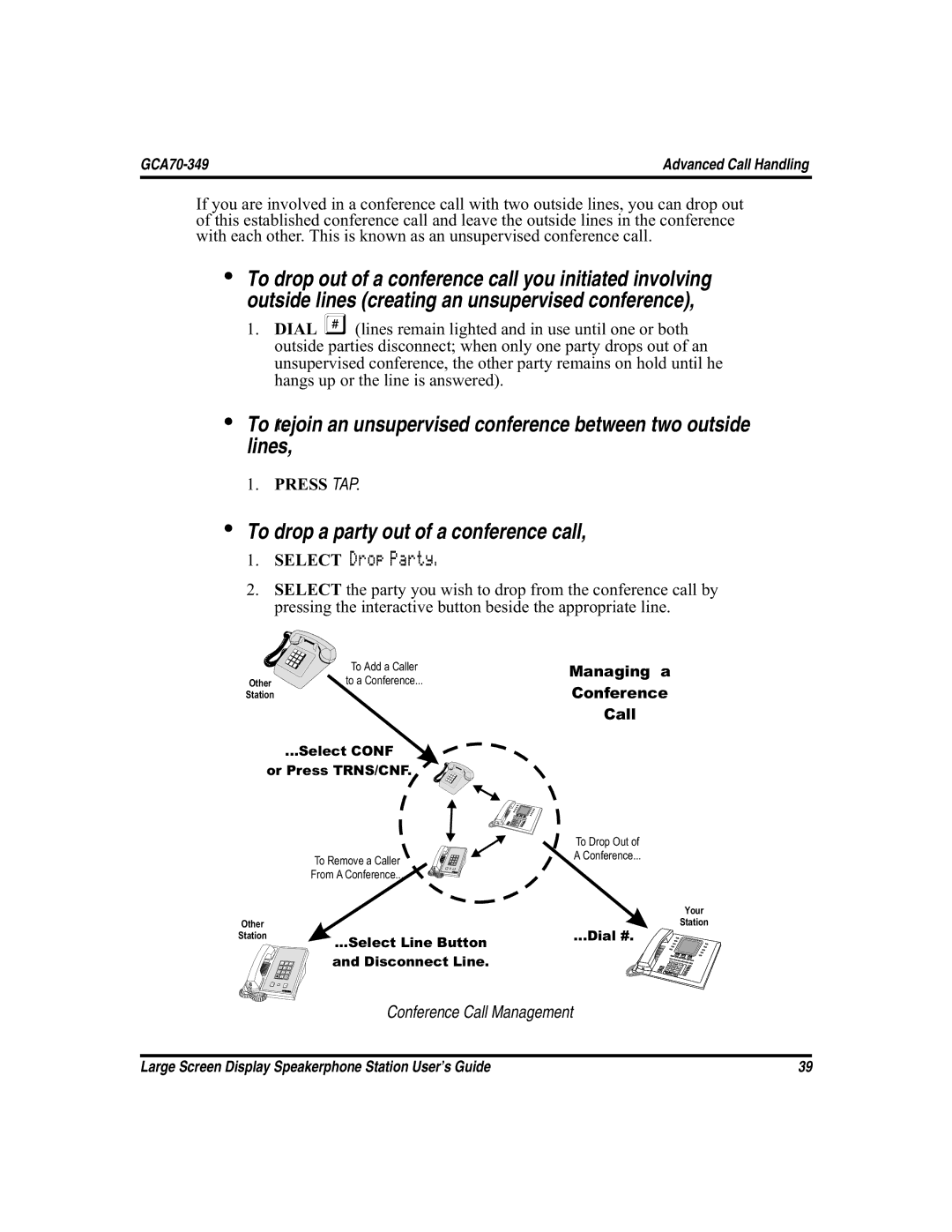 Vertical Communications and FXT, FXS manual To drop a party out of a conference call, Press TAP 