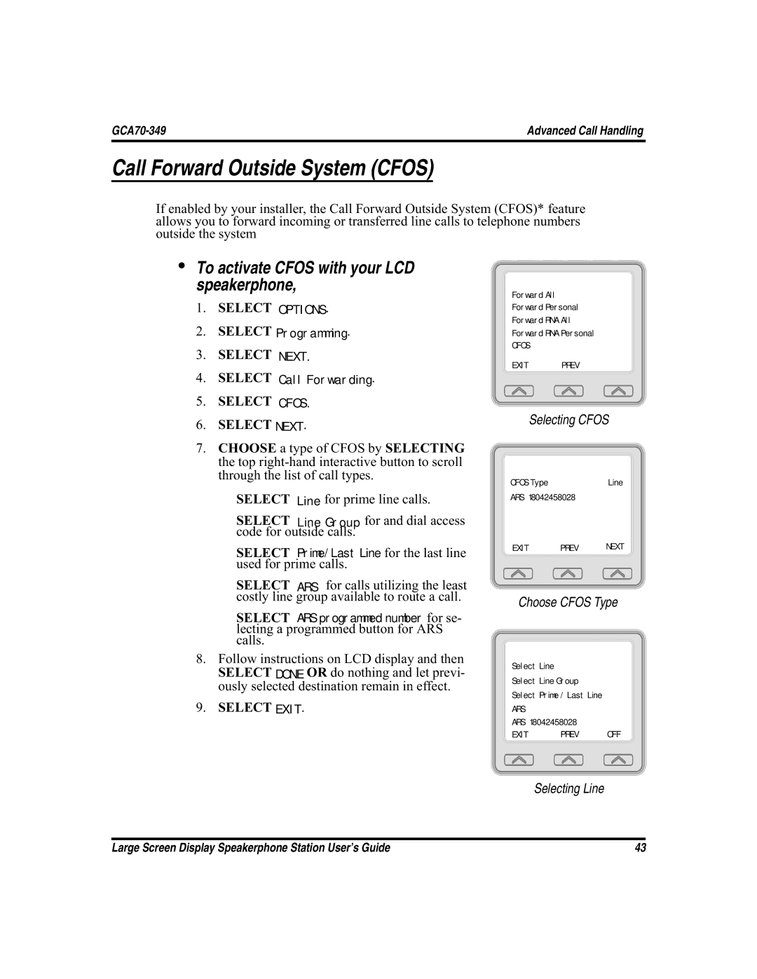 Vertical Communications and FXT Call Forward Outside System Cfos, To activate Cfos with your LCD speakerphone, Select Exit 