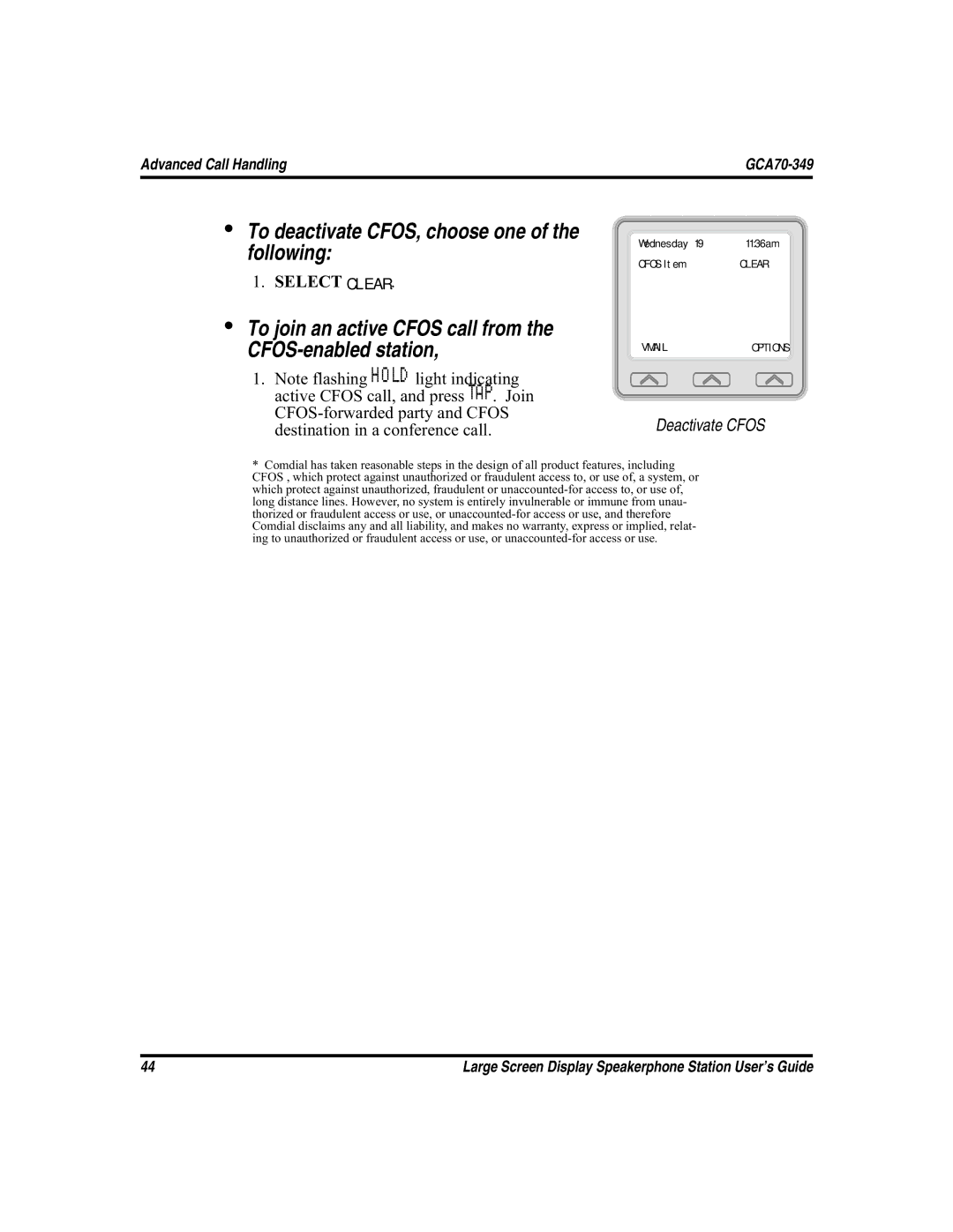 Vertical Communications FXS, and FXT manual To deactivate CFOS, choose one of the following, Select Clear 