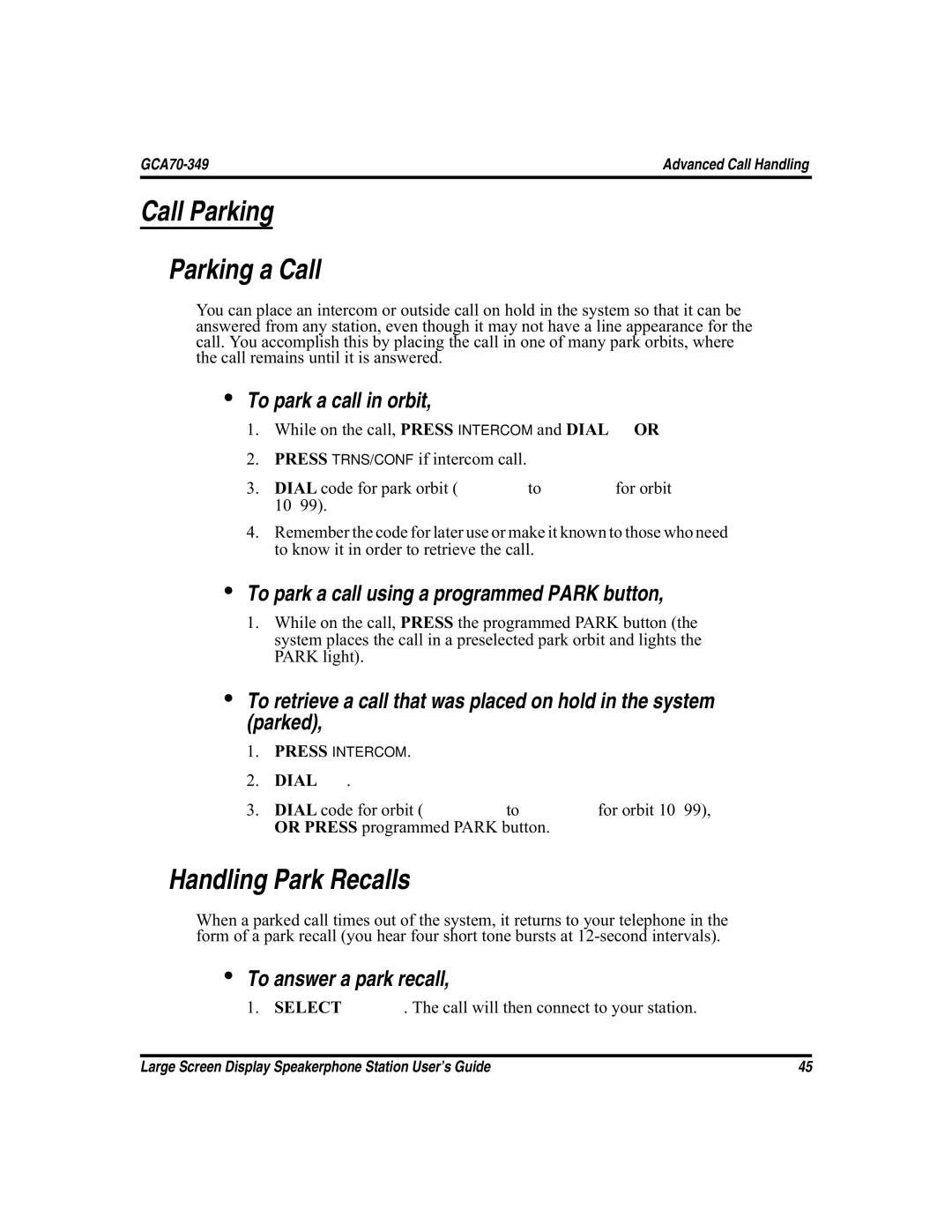 Vertical Communications and FXT, FXS manual Call Parking Parking a Call, Handling Park Recalls, To park a call in orbit 