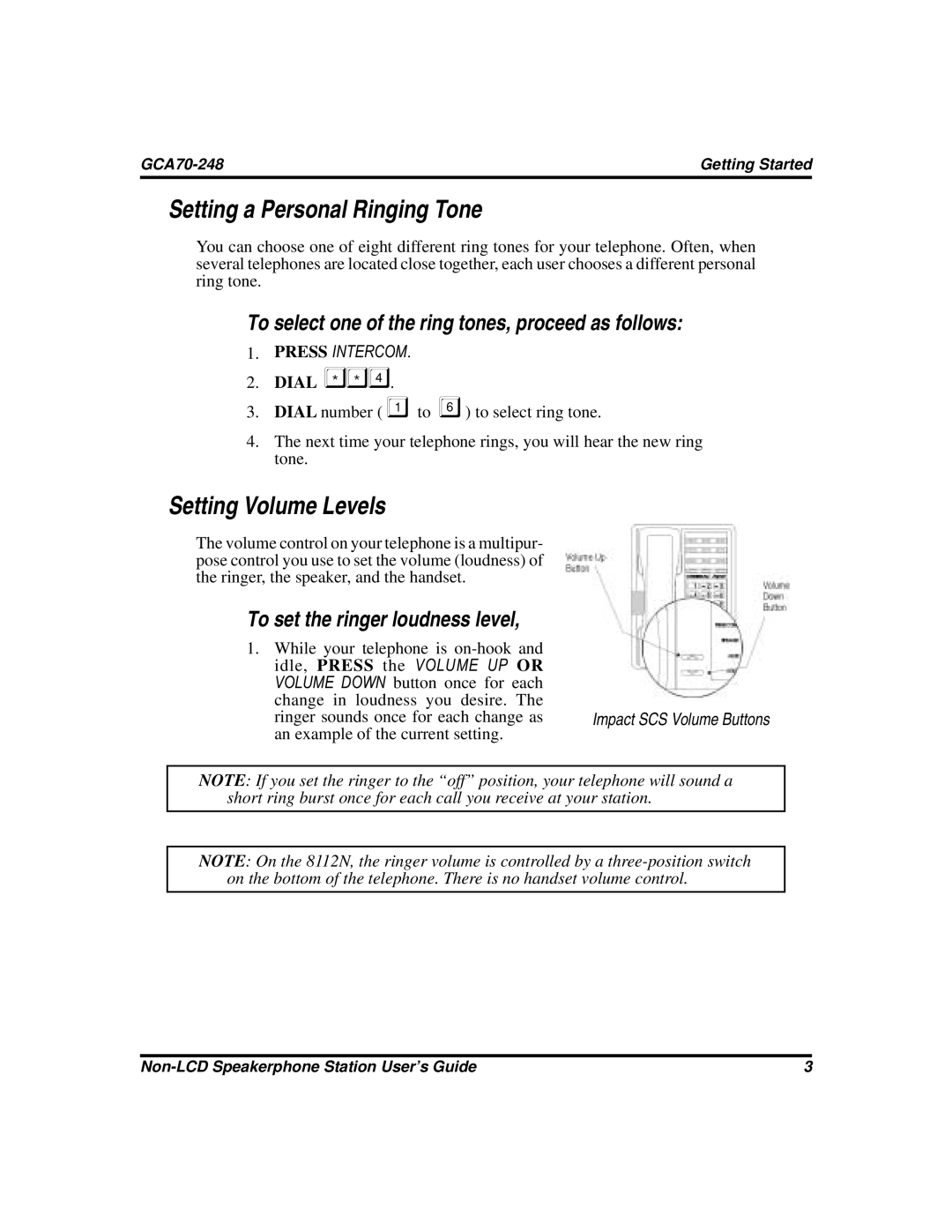 Vertical Communications GCA70-248 Setting a Personal Ringing Tone, Setting Volume Levels, To set the ringer loudness level 