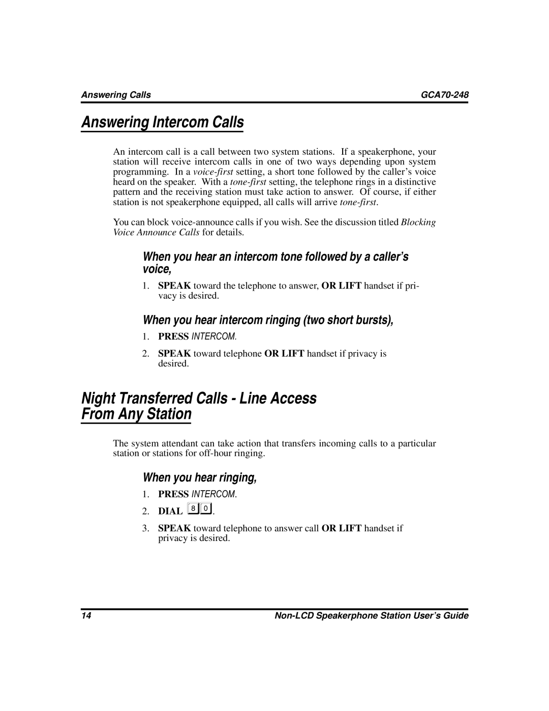 Vertical Communications GCA70-248 manual Answering Intercom Calls, Night Transferred Calls Line Access From Any Station 