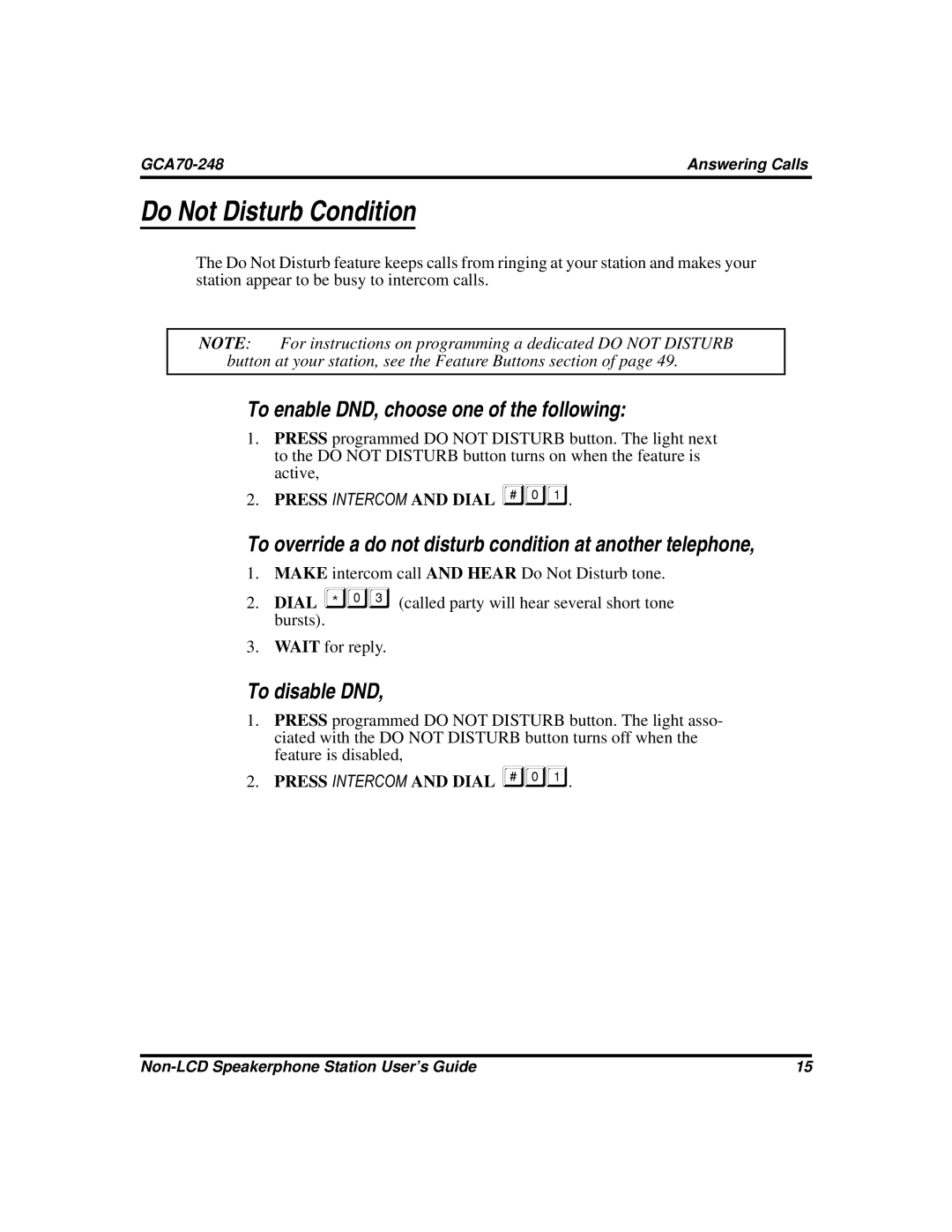 Vertical Communications GCA70-248 Do Not Disturb Condition, To enable DND, choose one of the following, To disable DND 