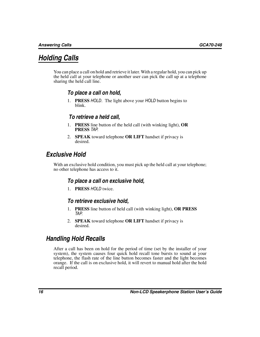 Vertical Communications GCA70-248 manual Holding Calls, Exclusive Hold, Handling Hold Recalls 