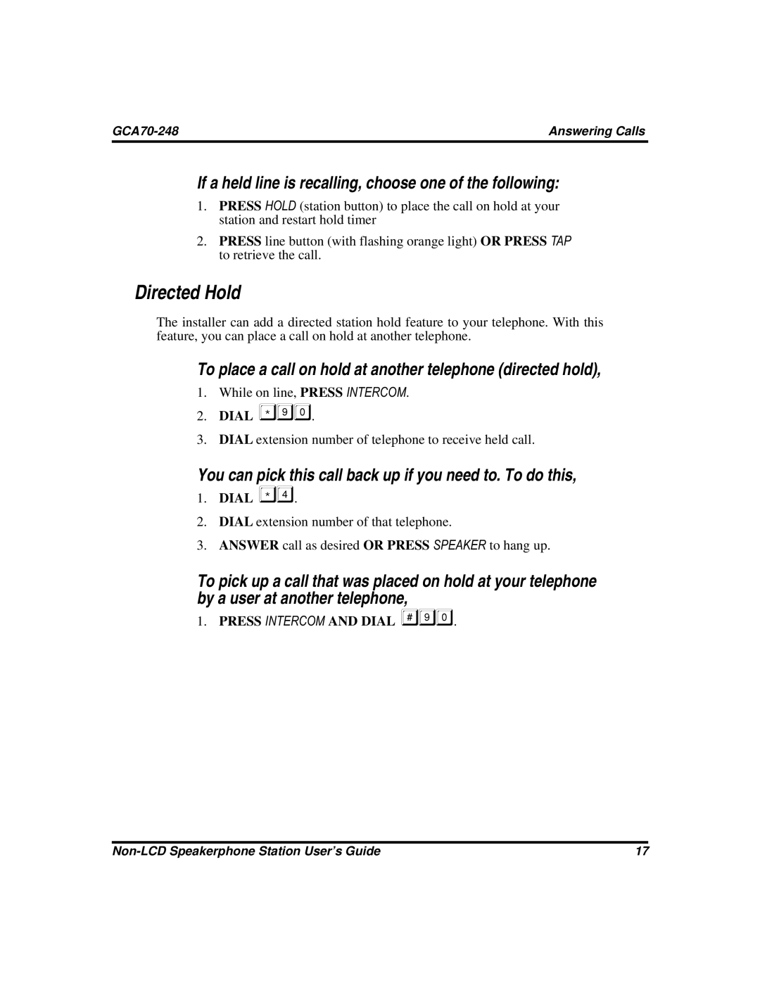 Vertical Communications GCA70-248 manual Directed Hold, If a held line is recalling, choose one of the following 