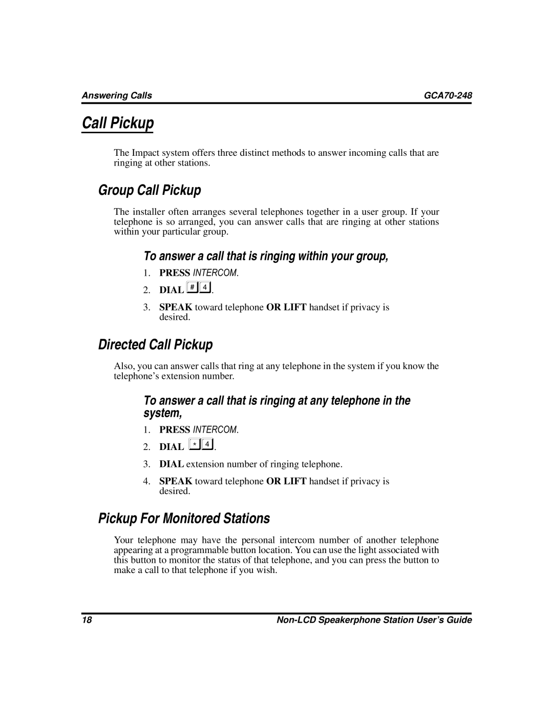 Vertical Communications GCA70-248 manual Group Call Pickup, Directed Call Pickup, Pickup For Monitored Stations 