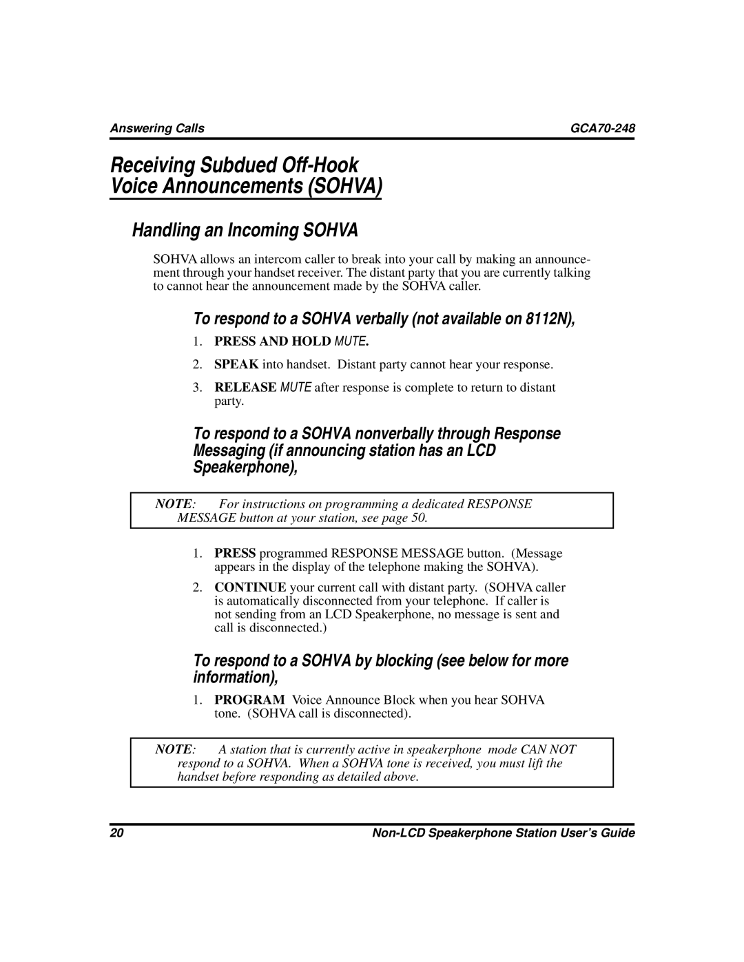 Vertical Communications GCA70-248 manual Receiving Subdued Off-Hook Voice Announcements Sohva, Handling an Incoming Sohva 