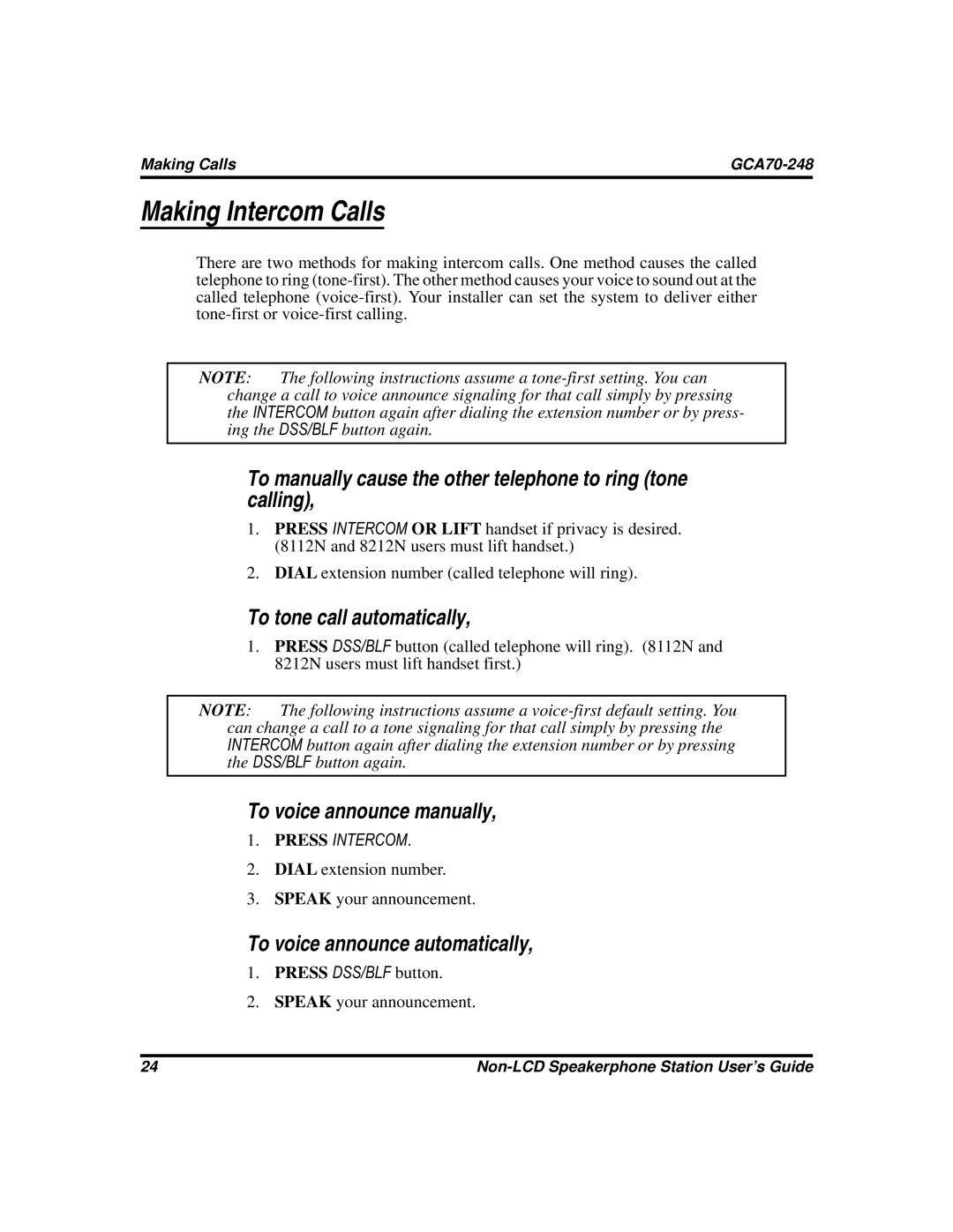 Vertical Communications GCA70-248 Making Intercom Calls, To manually cause the other telephone to ring tone calling 