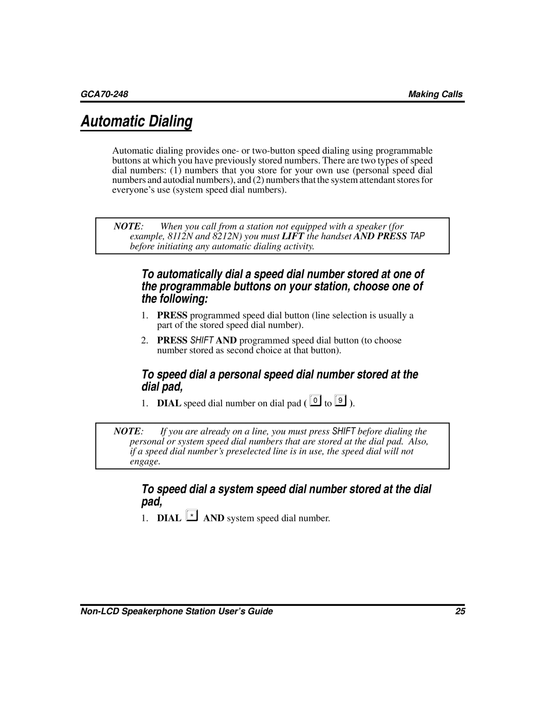 Vertical Communications GCA70-248 manual Automatic Dialing 