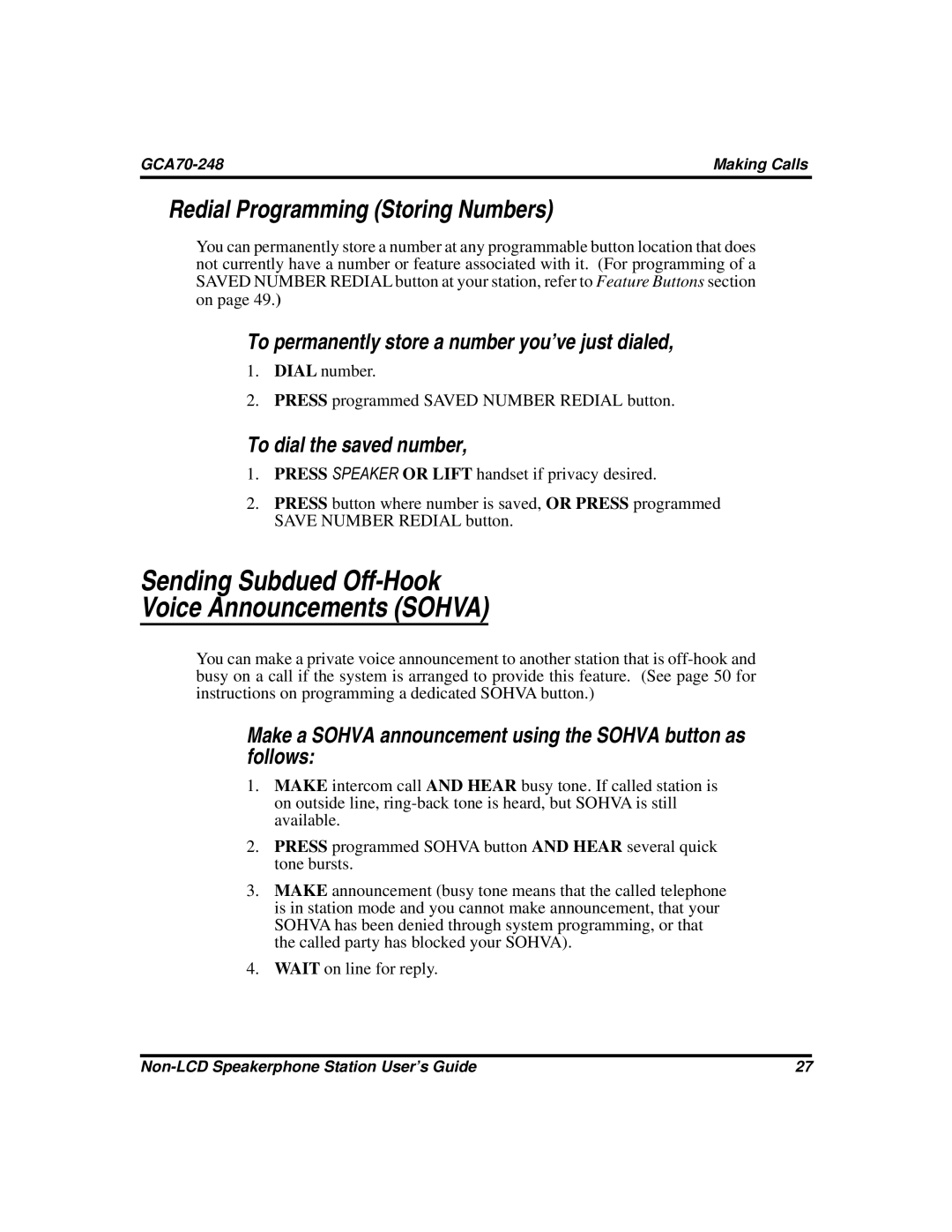 Vertical Communications GCA70-248 Sending Subdued Off-Hook Voice Announcements Sohva, Redial Programming Storing Numbers 