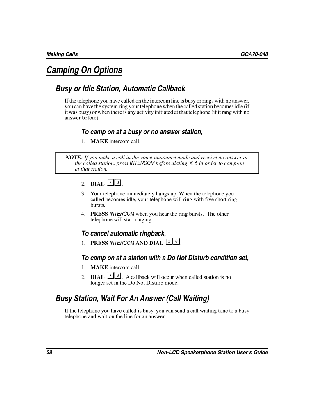 Vertical Communications GCA70-248 manual Camping On Options, Busy or Idle Station, Automatic Callback 