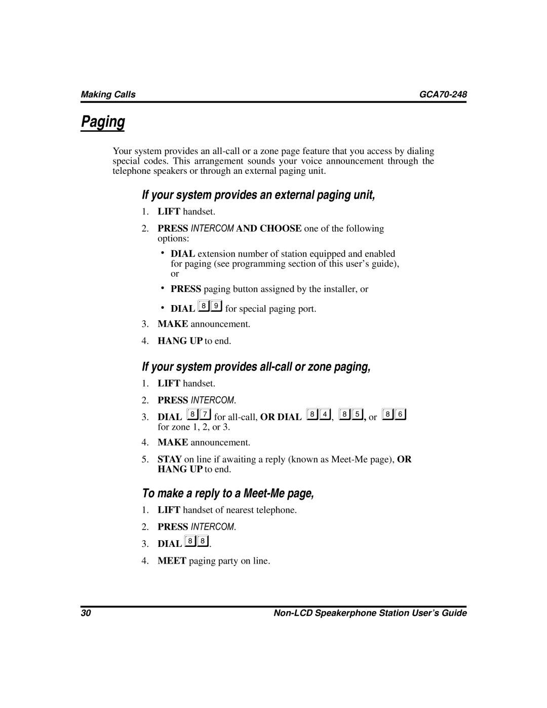 Vertical Communications GCA70-248 Paging, If your system provides an external paging unit, To make a reply to a Meet-Me 