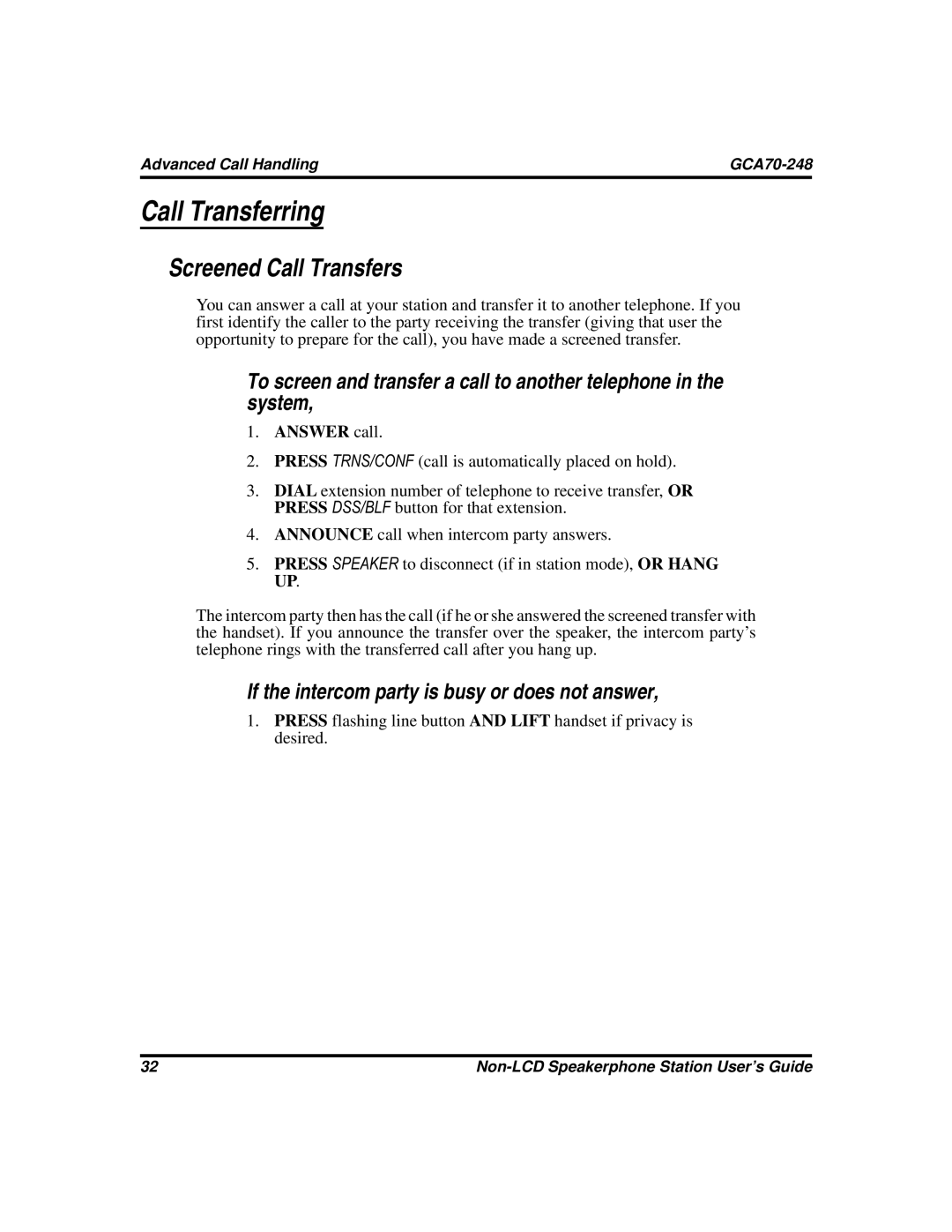 Vertical Communications GCA70-248 manual Call Transferring, Screened Call Transfers, Answer call 