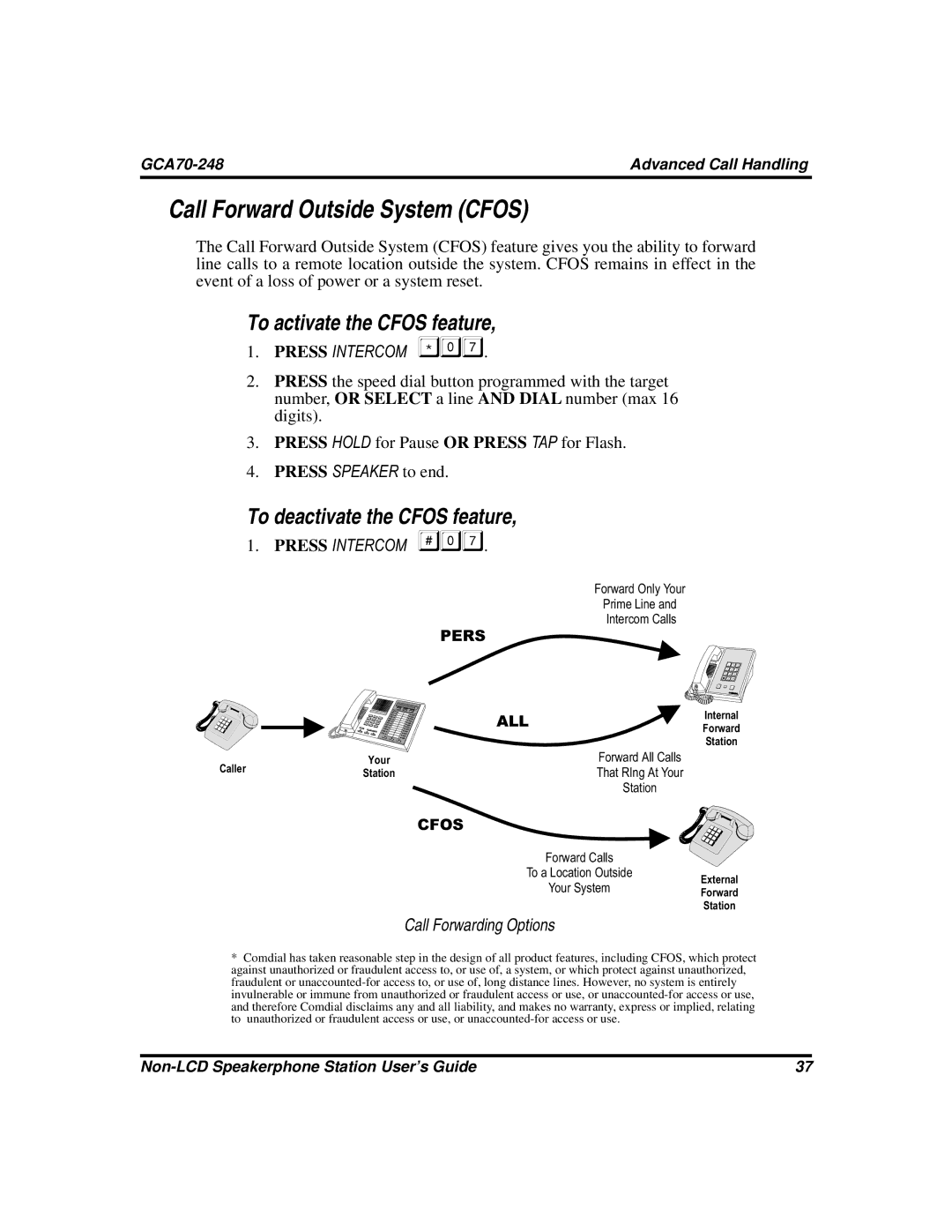 Vertical Communications GCA70-248 manual Call Forward Outside System Cfos, To activate the Cfos feature 