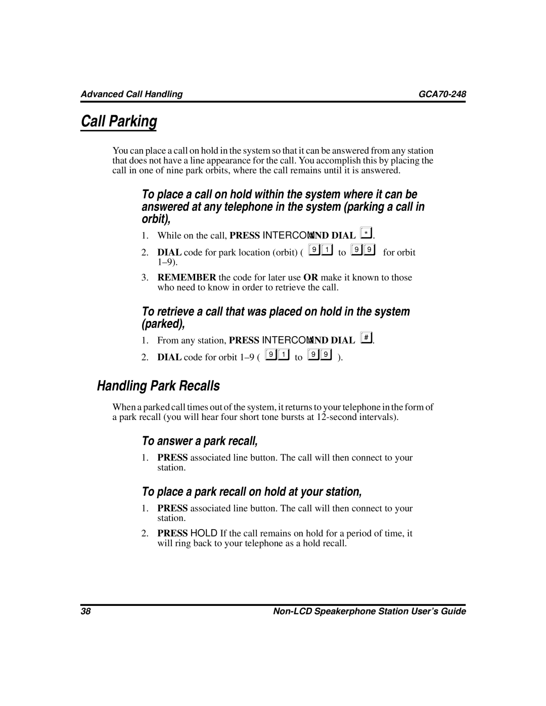 Vertical Communications GCA70-248 manual Call Parking, Handling Park Recalls, To answer a park recall 