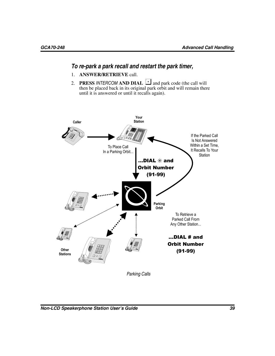 Vertical Communications GCA70-248 manual To re-park a park recall and restart the park timer, ANSWER/RETRIEVE call 