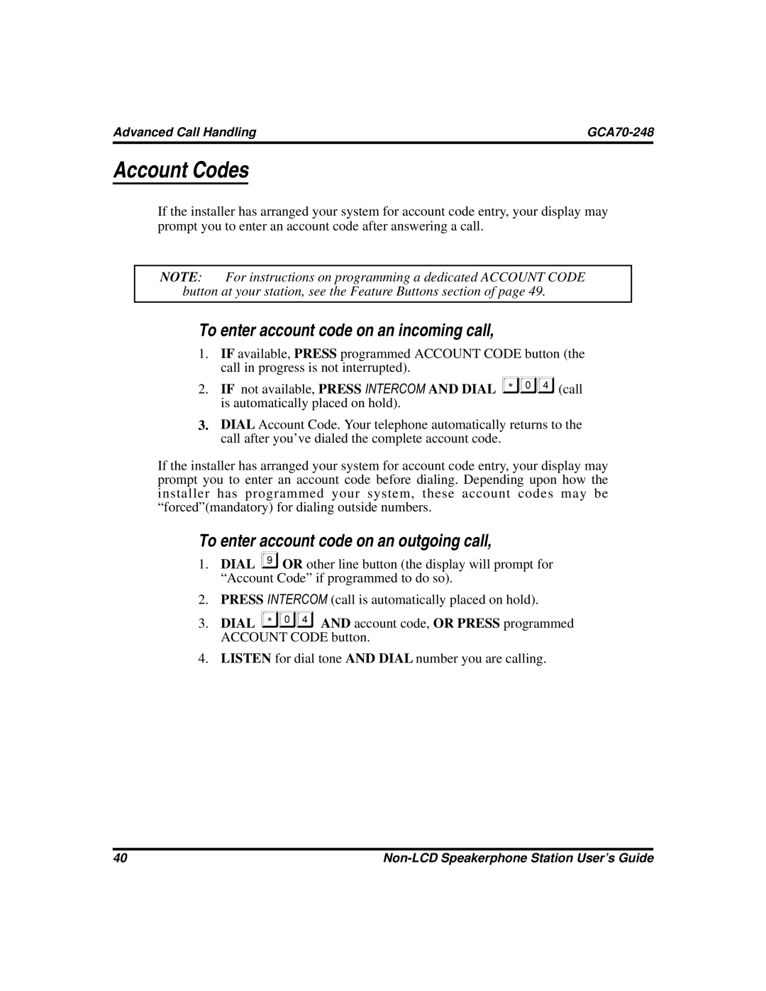 Vertical Communications GCA70-248 manual Account Codes, To enter account code on an incoming call 