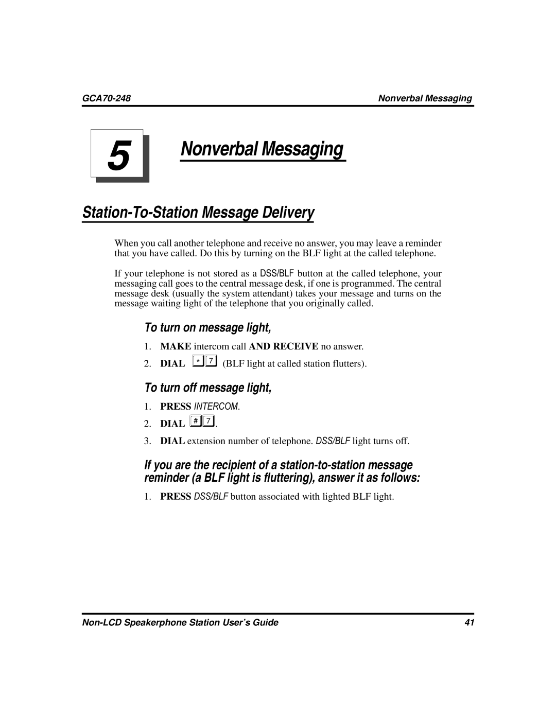 Vertical Communications GCA70-248 Station-To-Station Message Delivery, To turn on message light, To turn off message light 